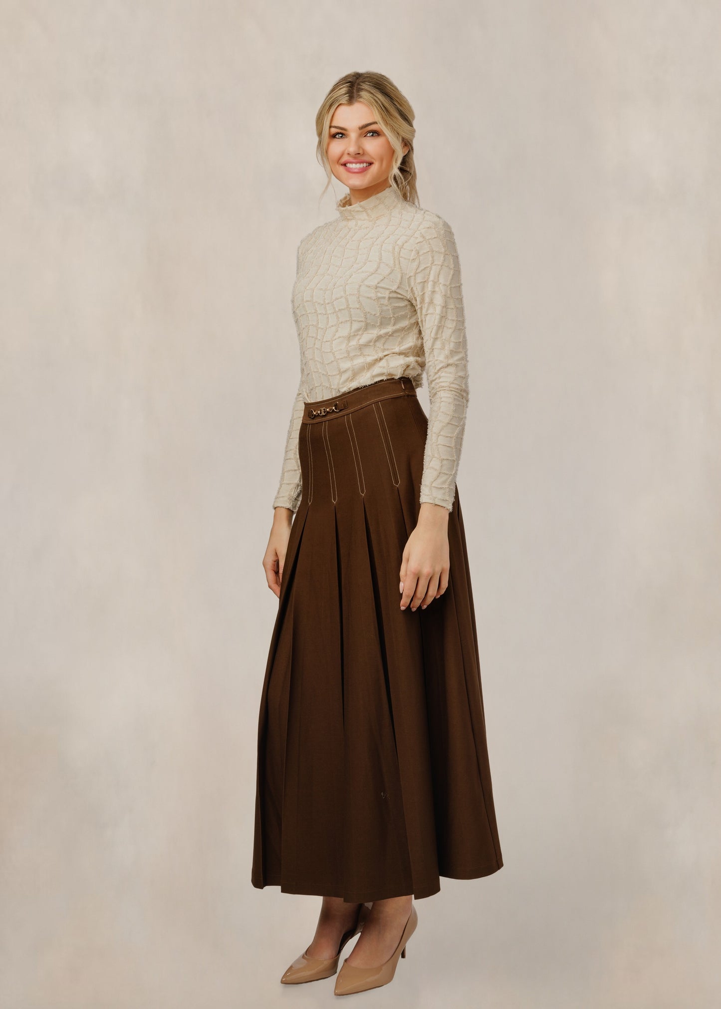 Brown Pleated Skirt With Gold Accents