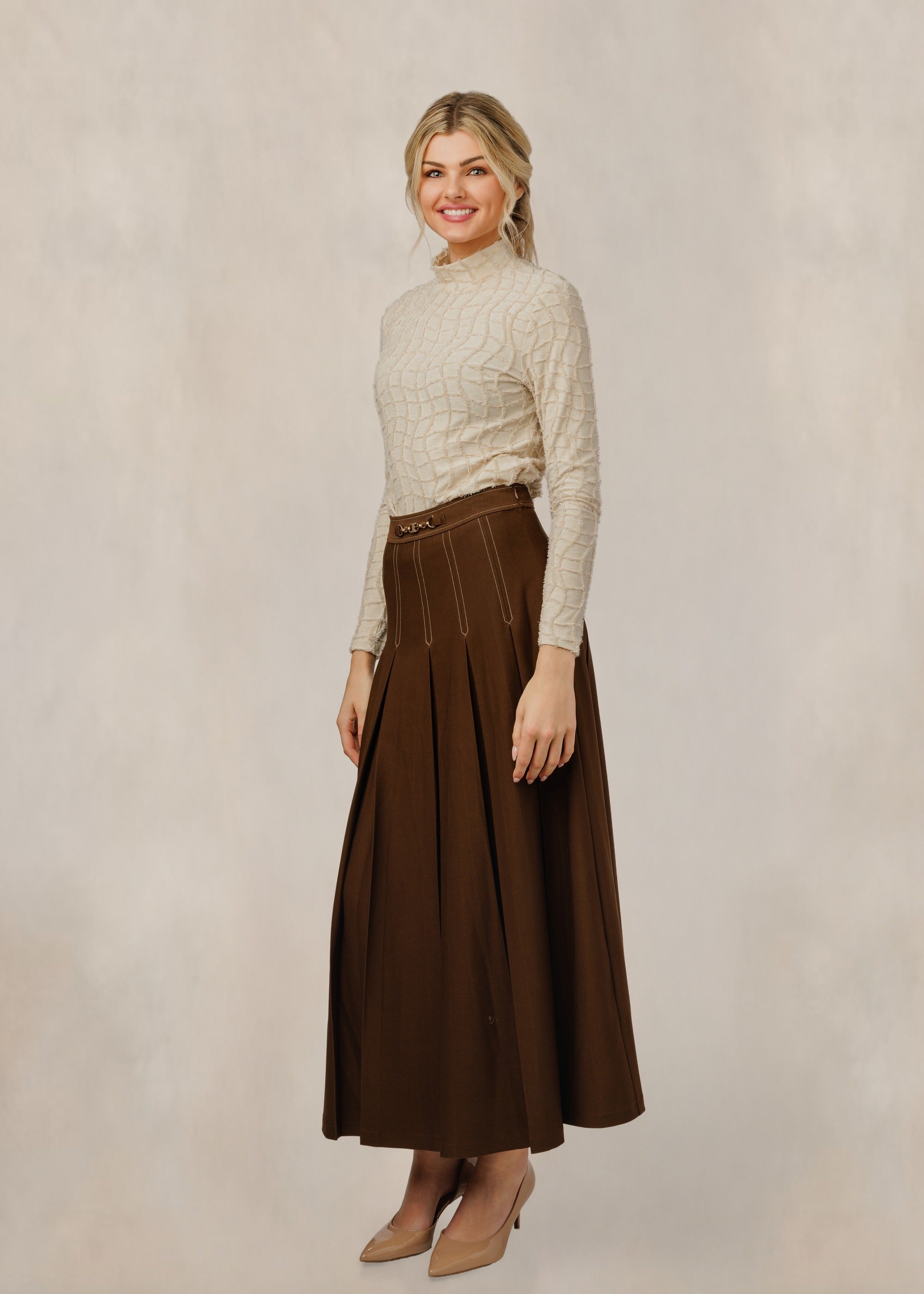 Brown Pleated Skirt With Gold Accents