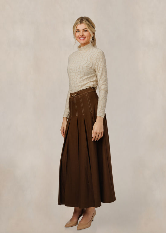 Brown Pleated Skirt With Gold Accents