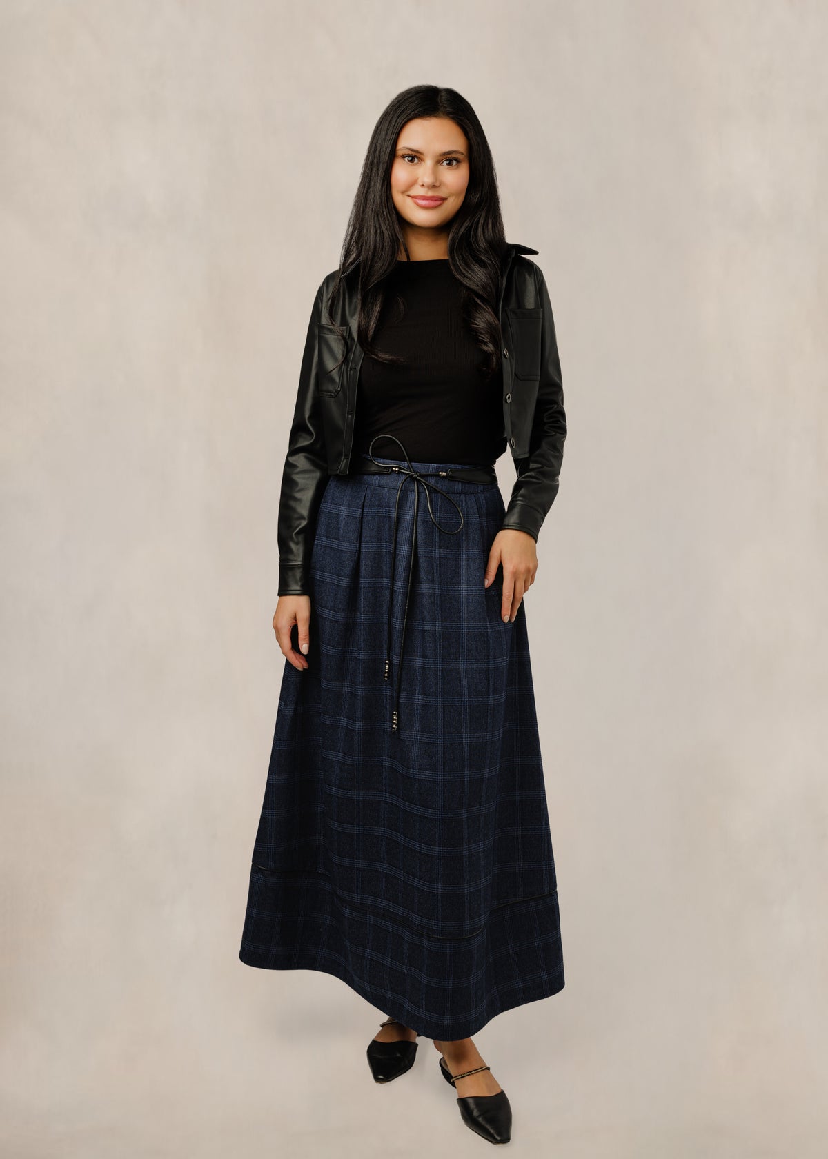 Navy Plaid Skirt With Front Tie