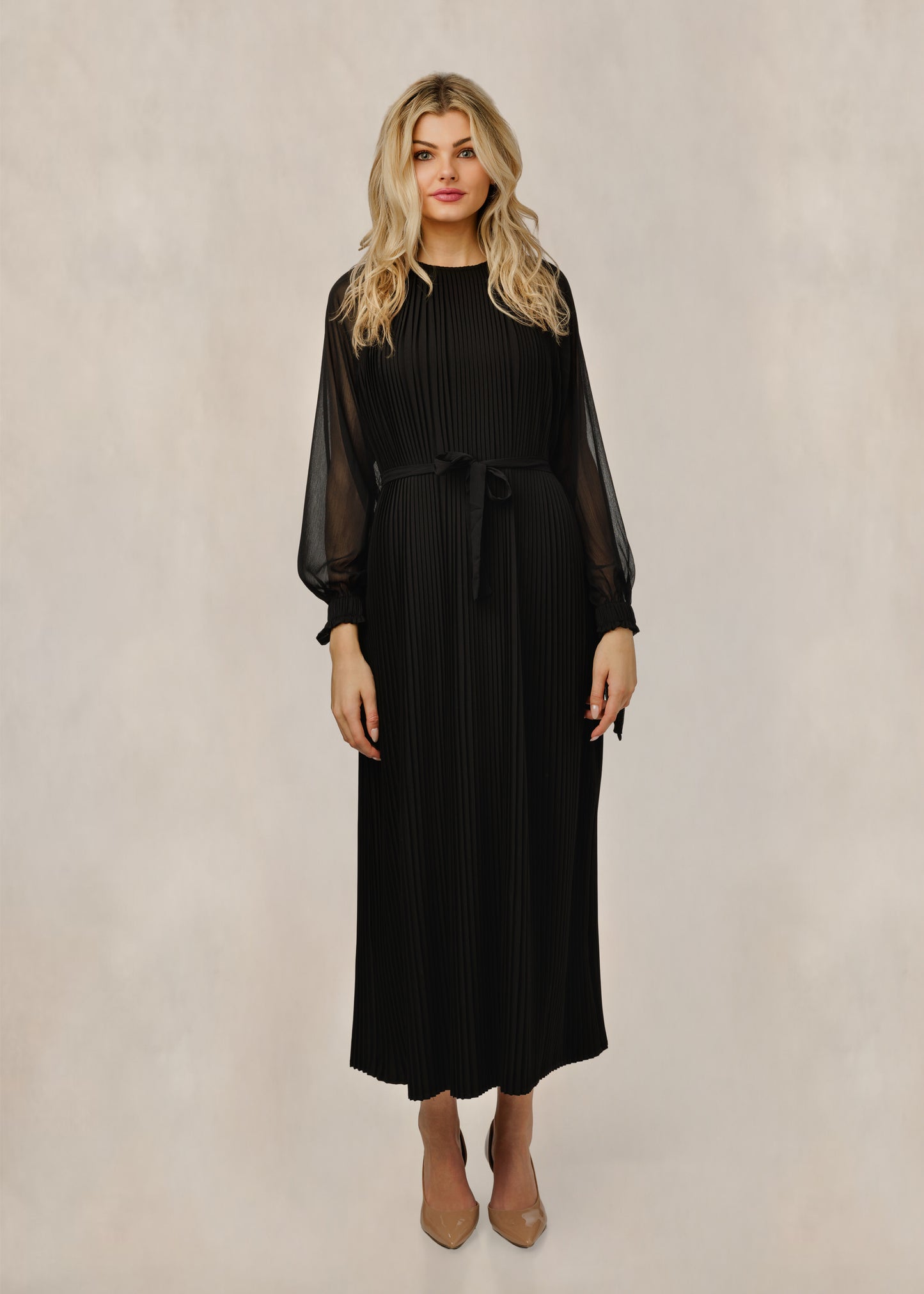Black Pleated Tie Front Dress With Mesh Sleeves - WW61126D-A