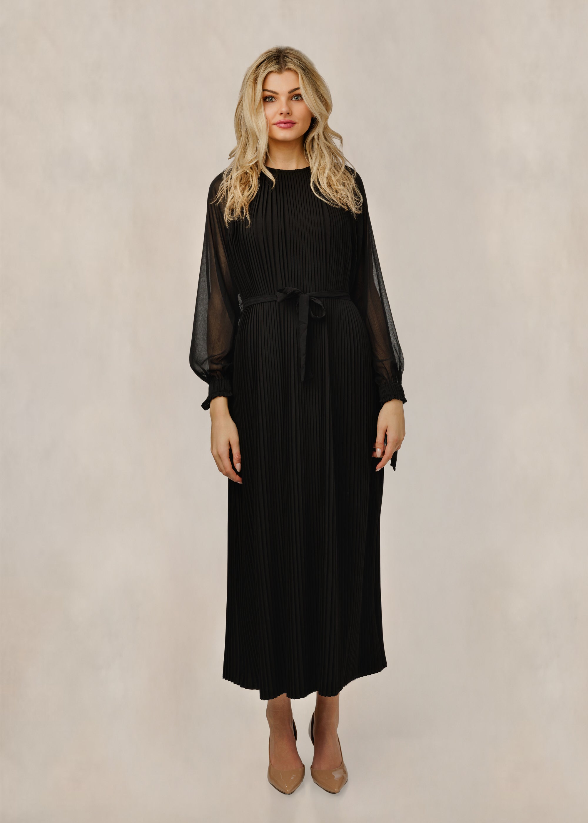 Black Pleated Tie Front Dress With Mesh Sleeves - WW61126D-A