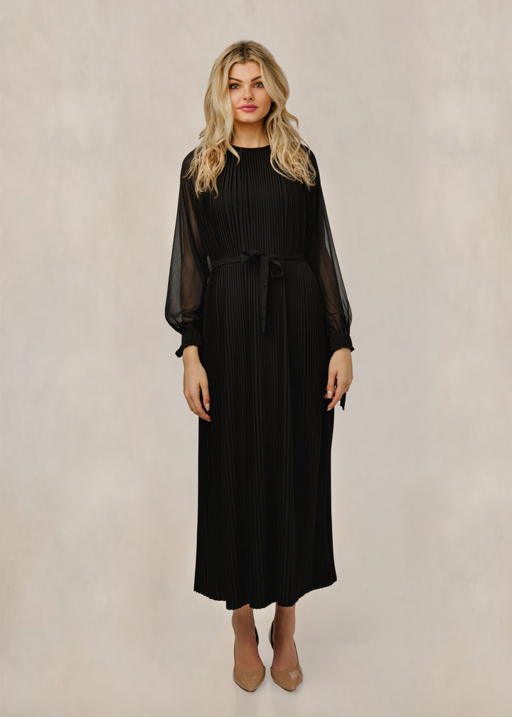 Black Pleated Tie Front Dress With Mesh Sleeves - WW61126D-A