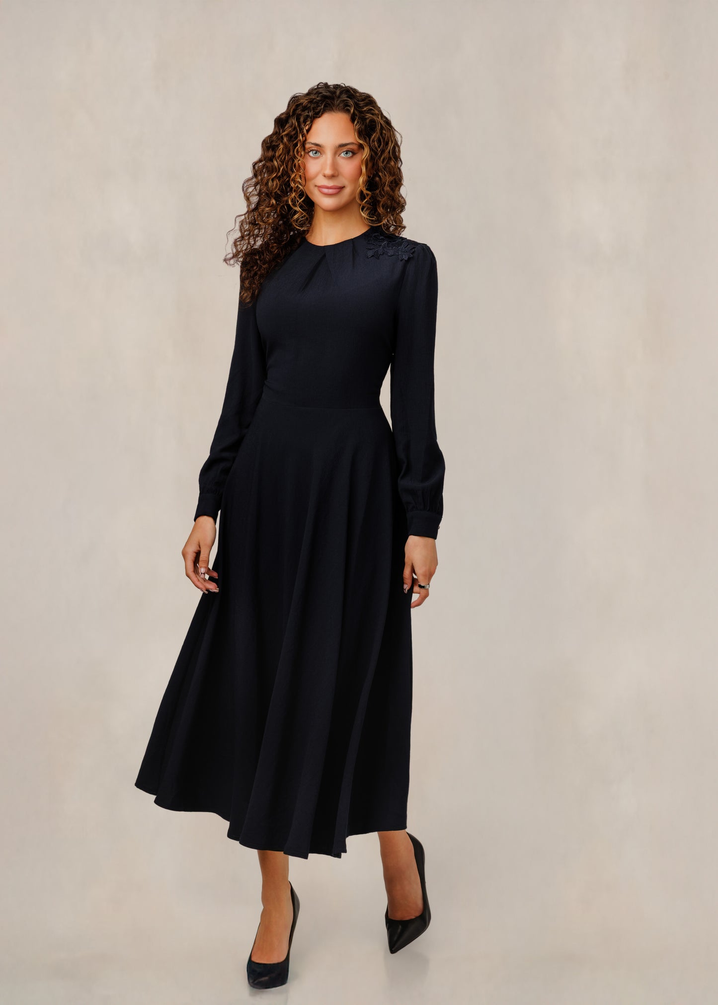 Dress With Floral Shoulder Embroidery - Black