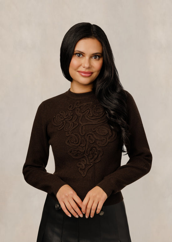 Brown Cord Embroidery Knit Sweater