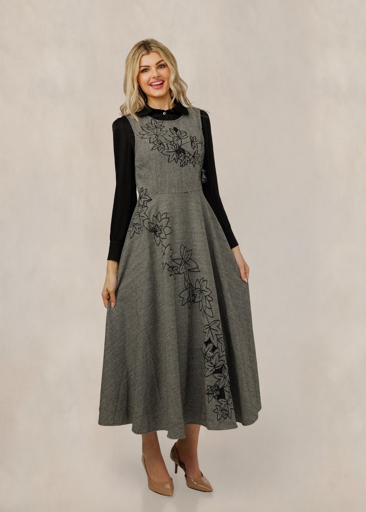 Embroidered Leaves Grey Jumper W/ Black Underlay