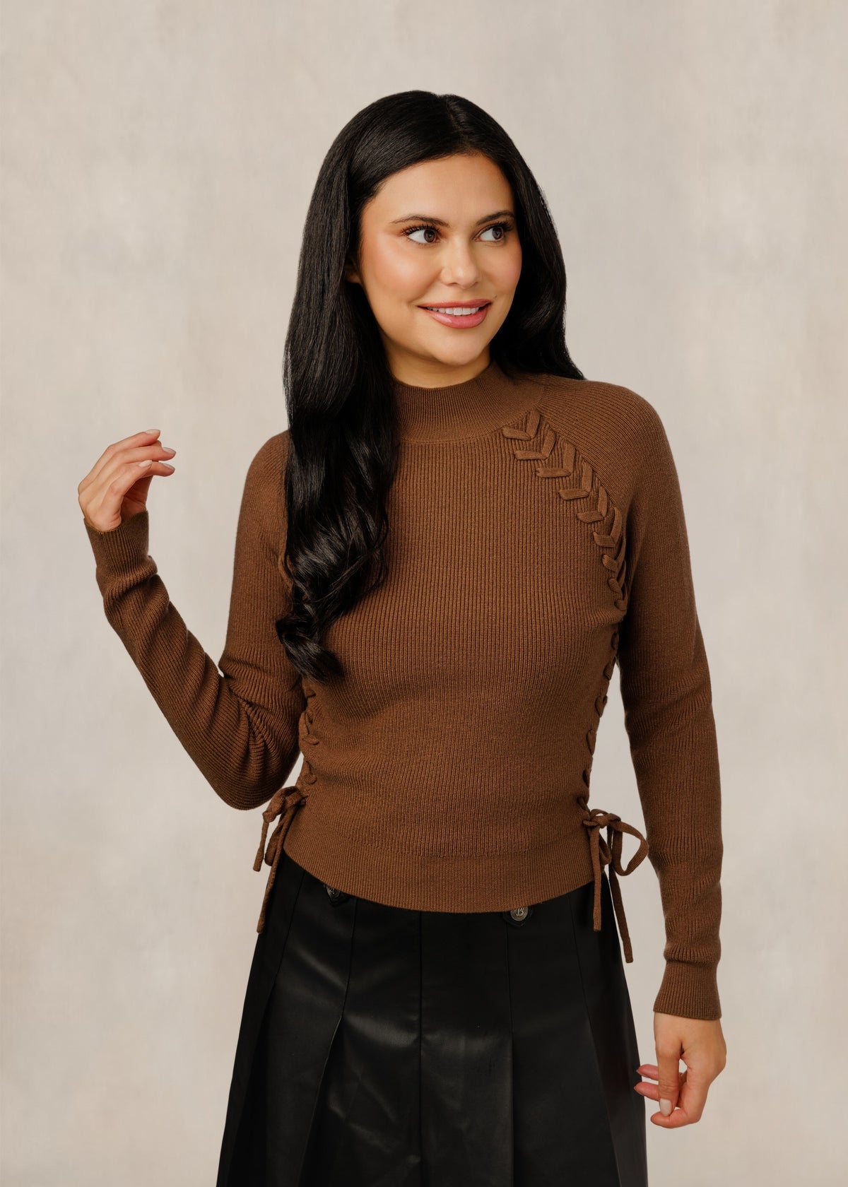 Side Lace Up Knit Mock Neck - Brown