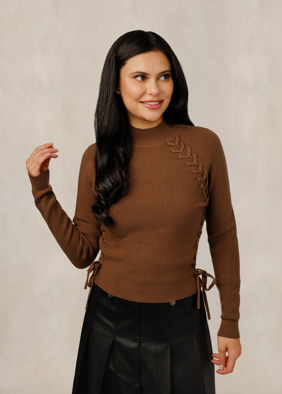 Side Lace Up Knit Mock Neck - Brown