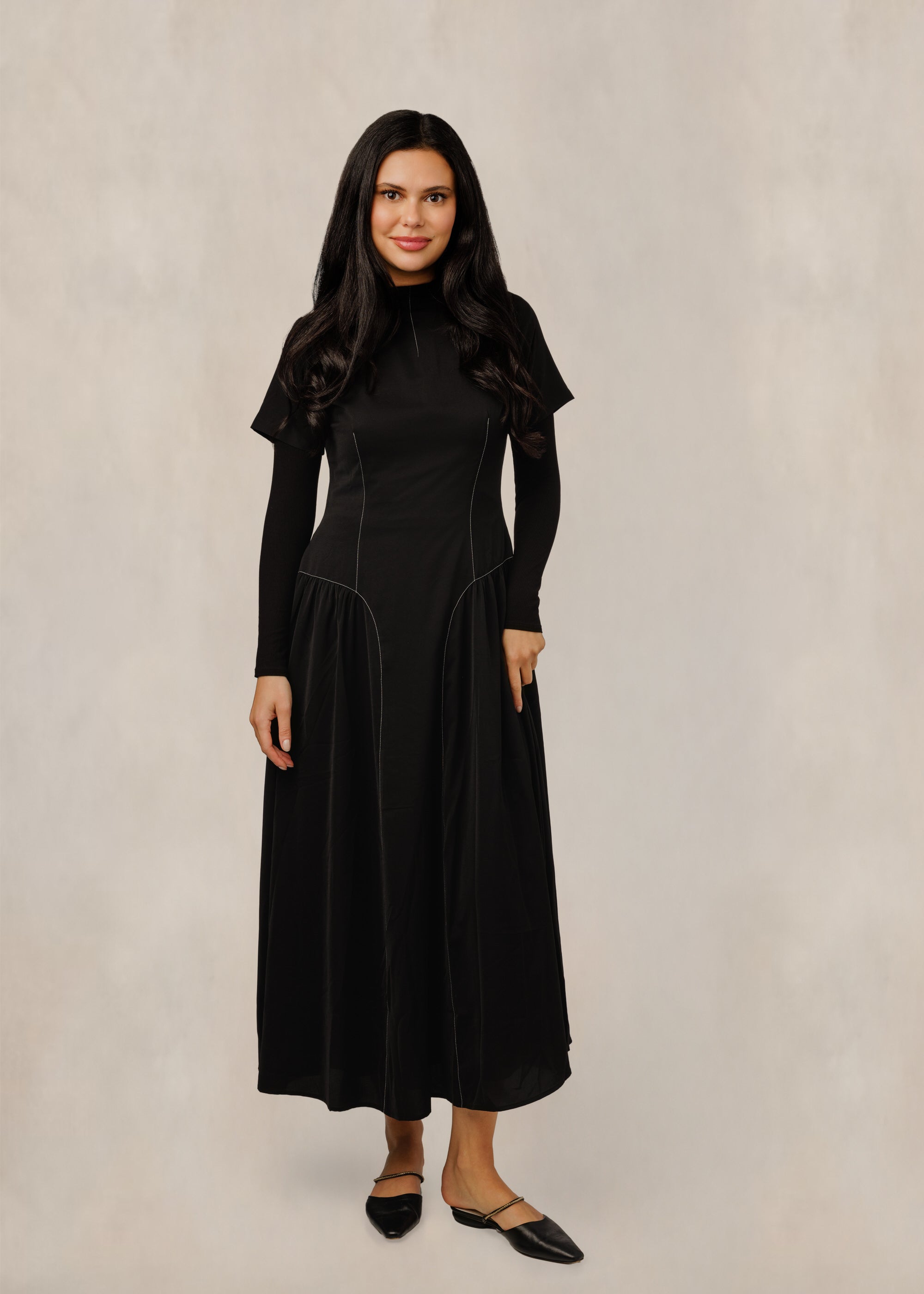 Black Structured Fit-And-Flare Dress W/ Panel Seams & Layered Sleeves