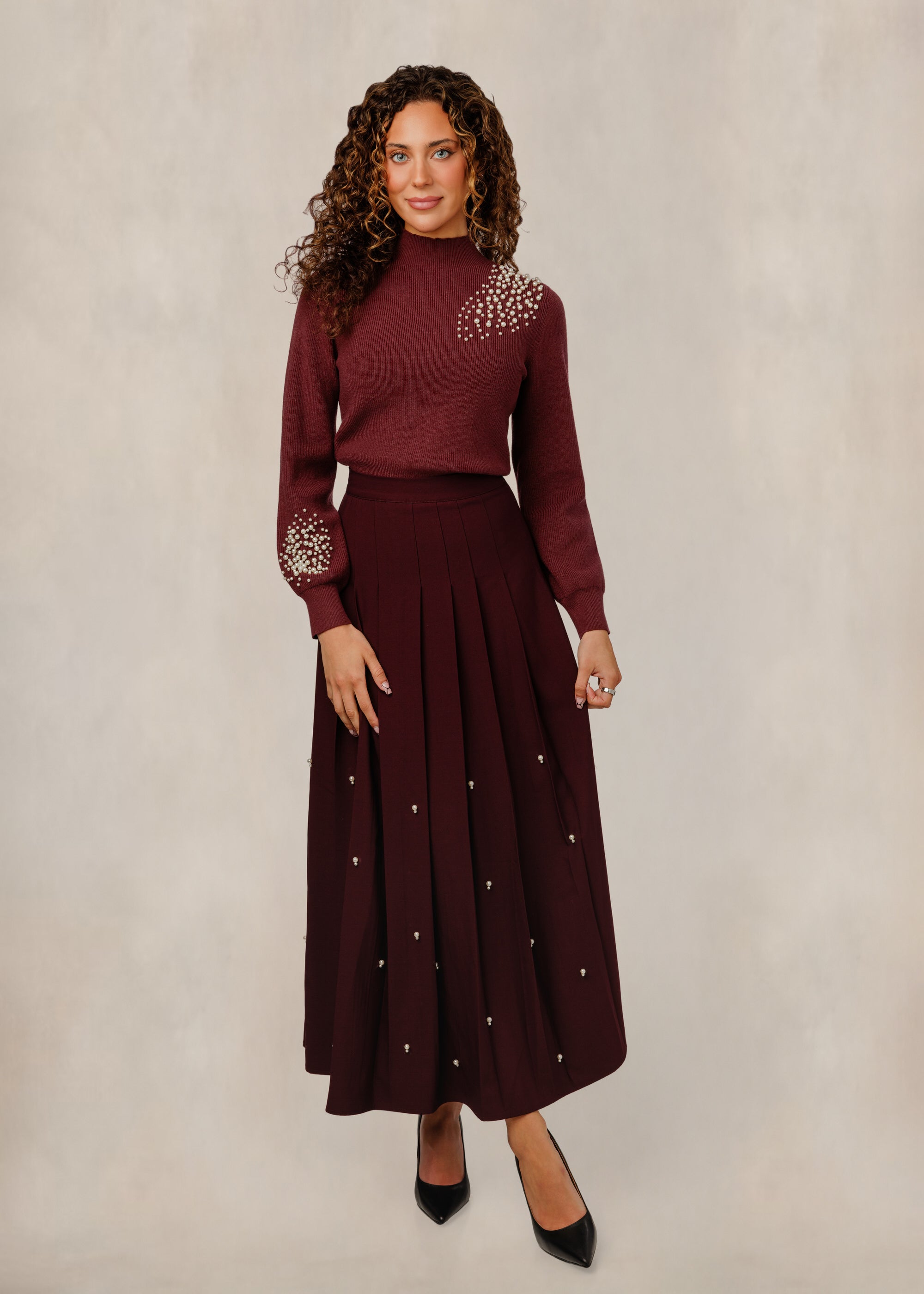 Maroon Pleated Skirt With Pearls