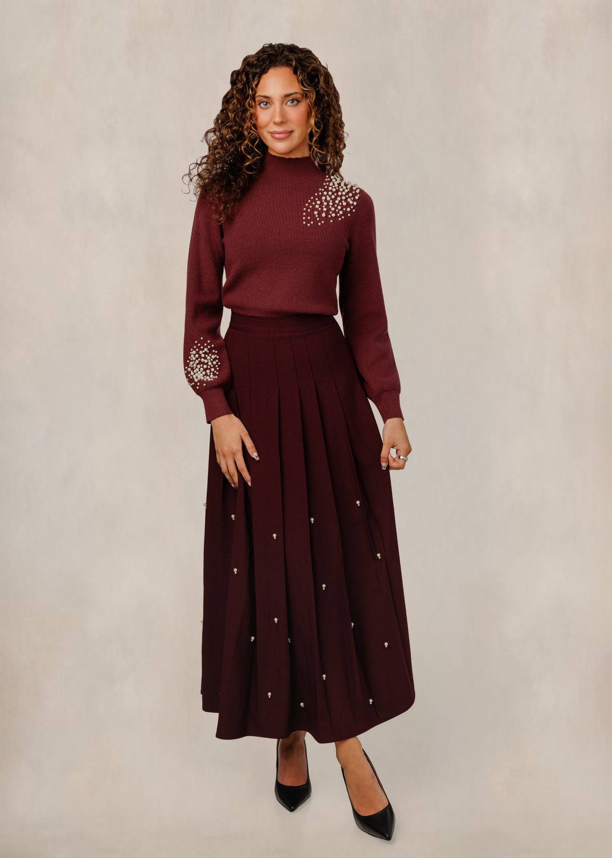 Maroon Knit Sweater With Pearls