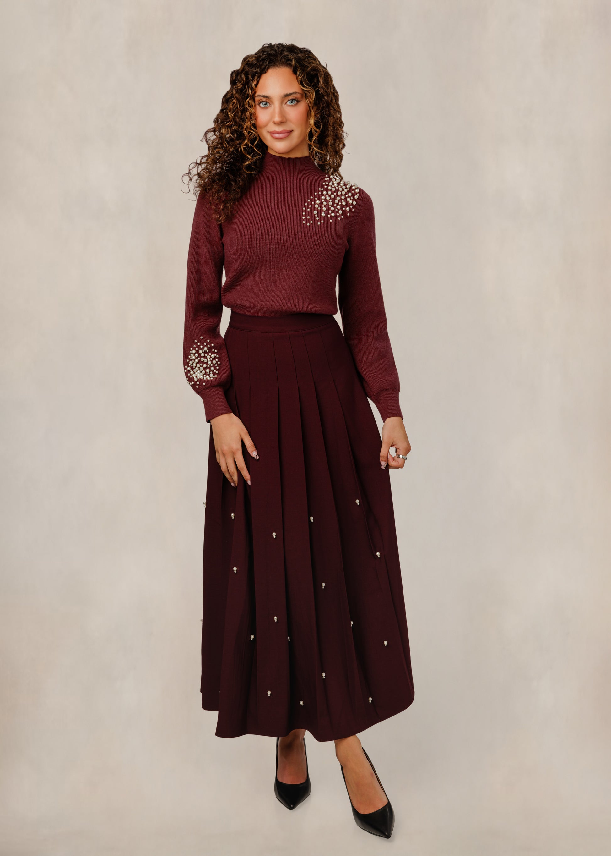 Maroon Knit Sweater With Pearls