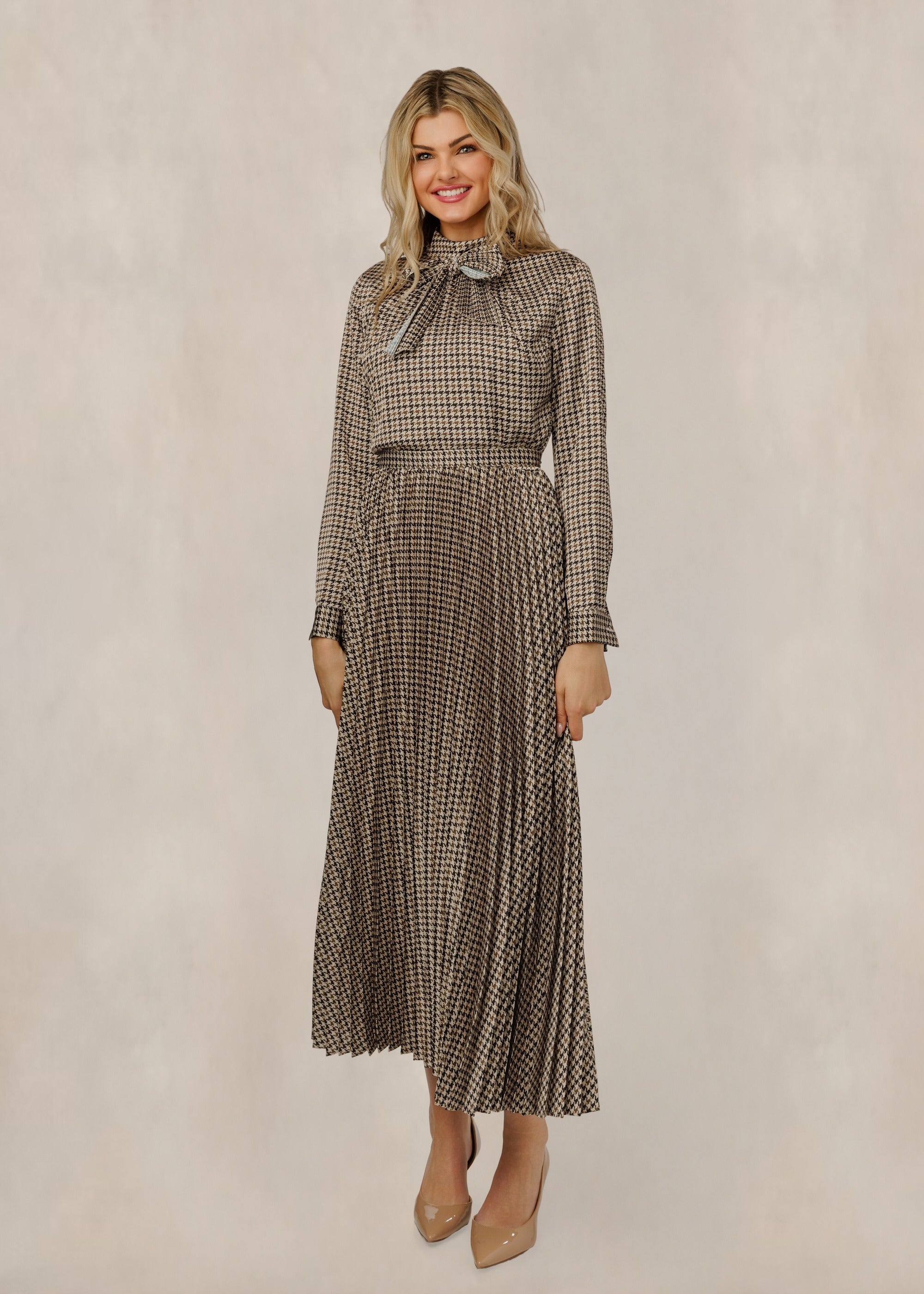 Brown Houndstooth Dress With Neck Tie