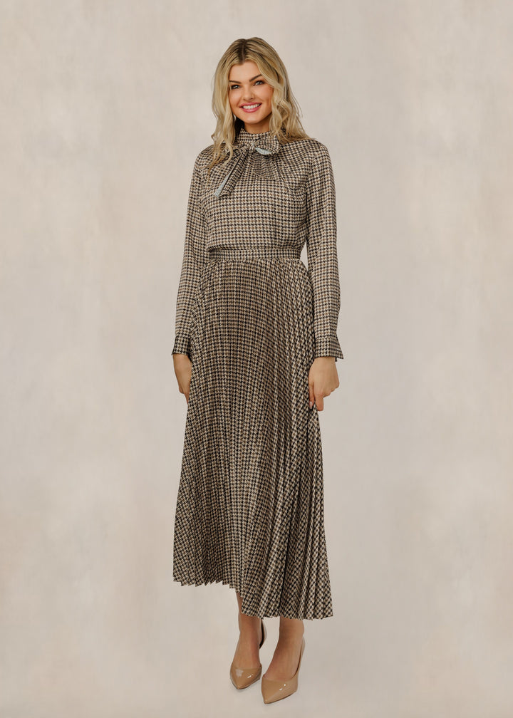 Brown Houndstooth Dress With Neck Tie
