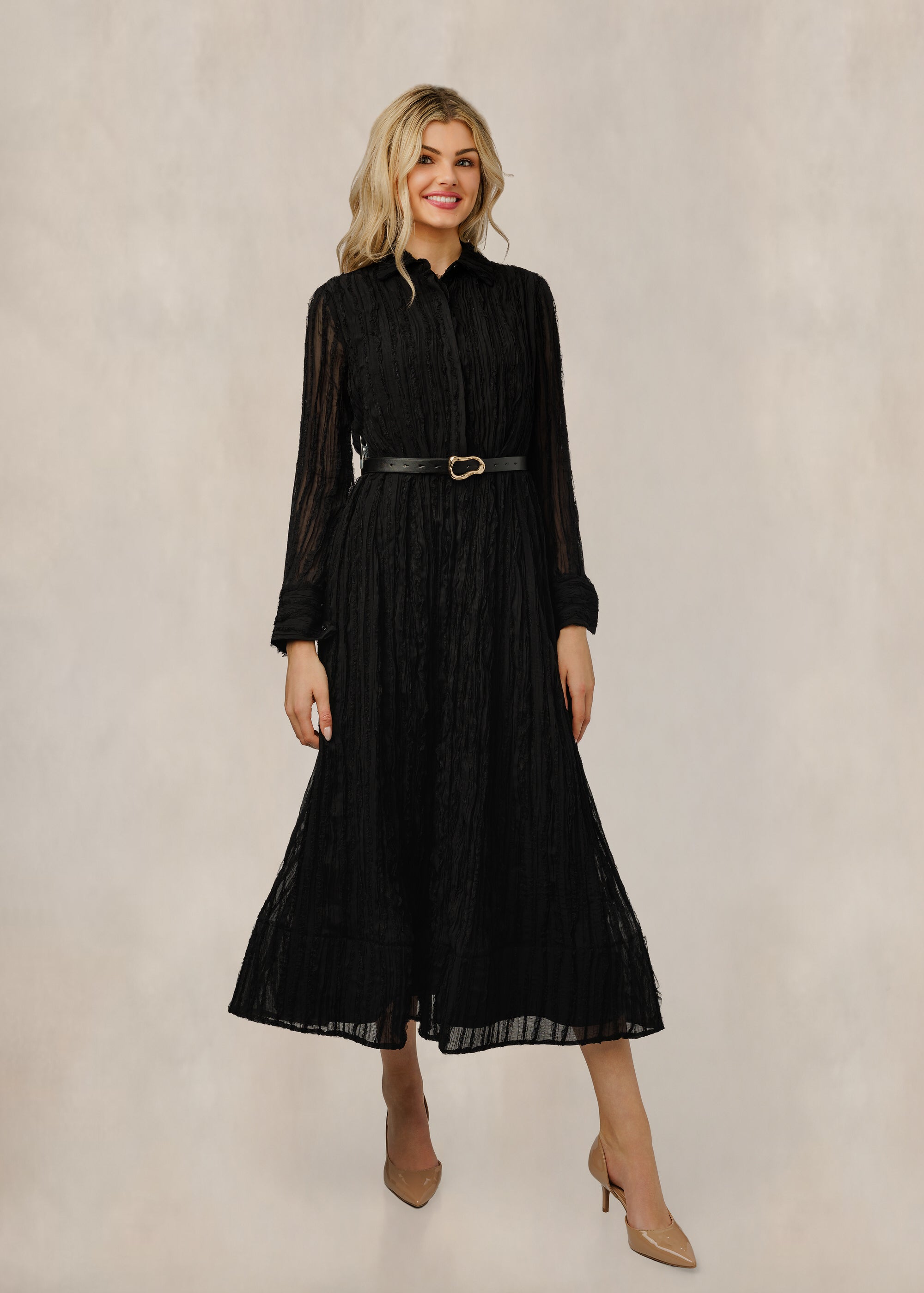 Black Chiffon Dress With Belt And Mesh Sleeves