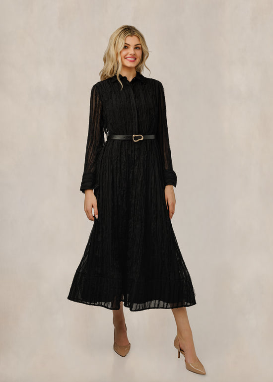 Black Chiffon Dress With Belt And Mesh Sleeves