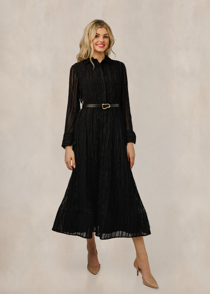 Black Chiffon Dress With Belt And Mesh Sleeves