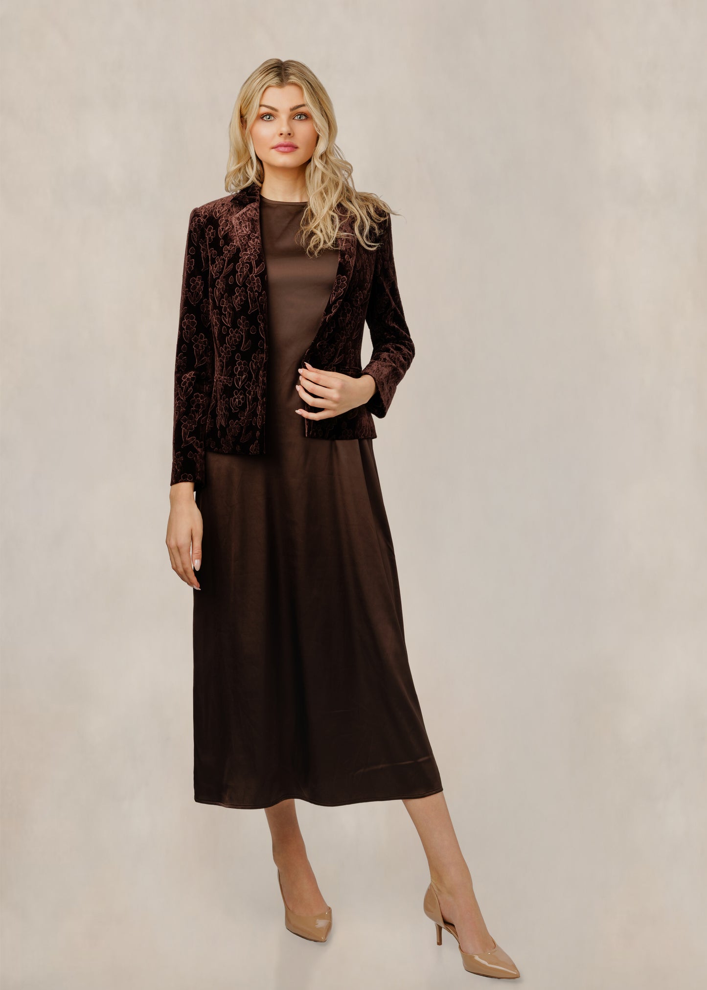 Brown Silk Jumper With Floral Embroidered Jacket Set