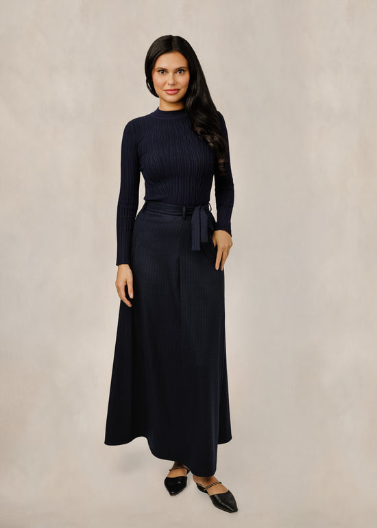 Navy Blue Skirt With Tie Belt