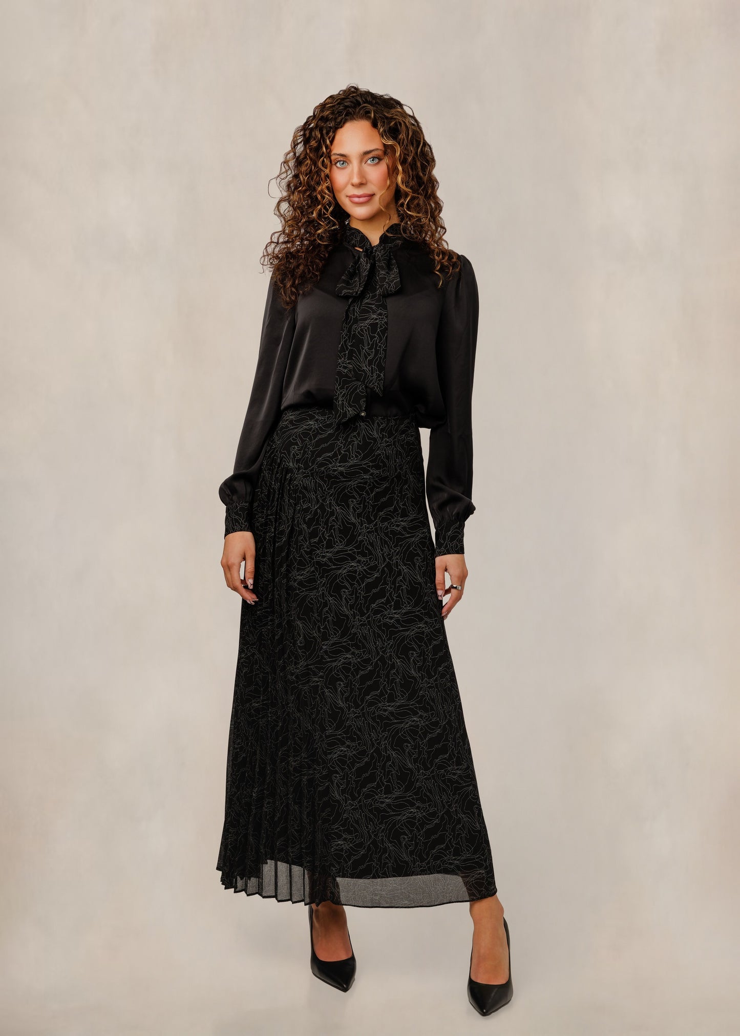 Black Chiffon Blouse With Patterned Neck Tie
