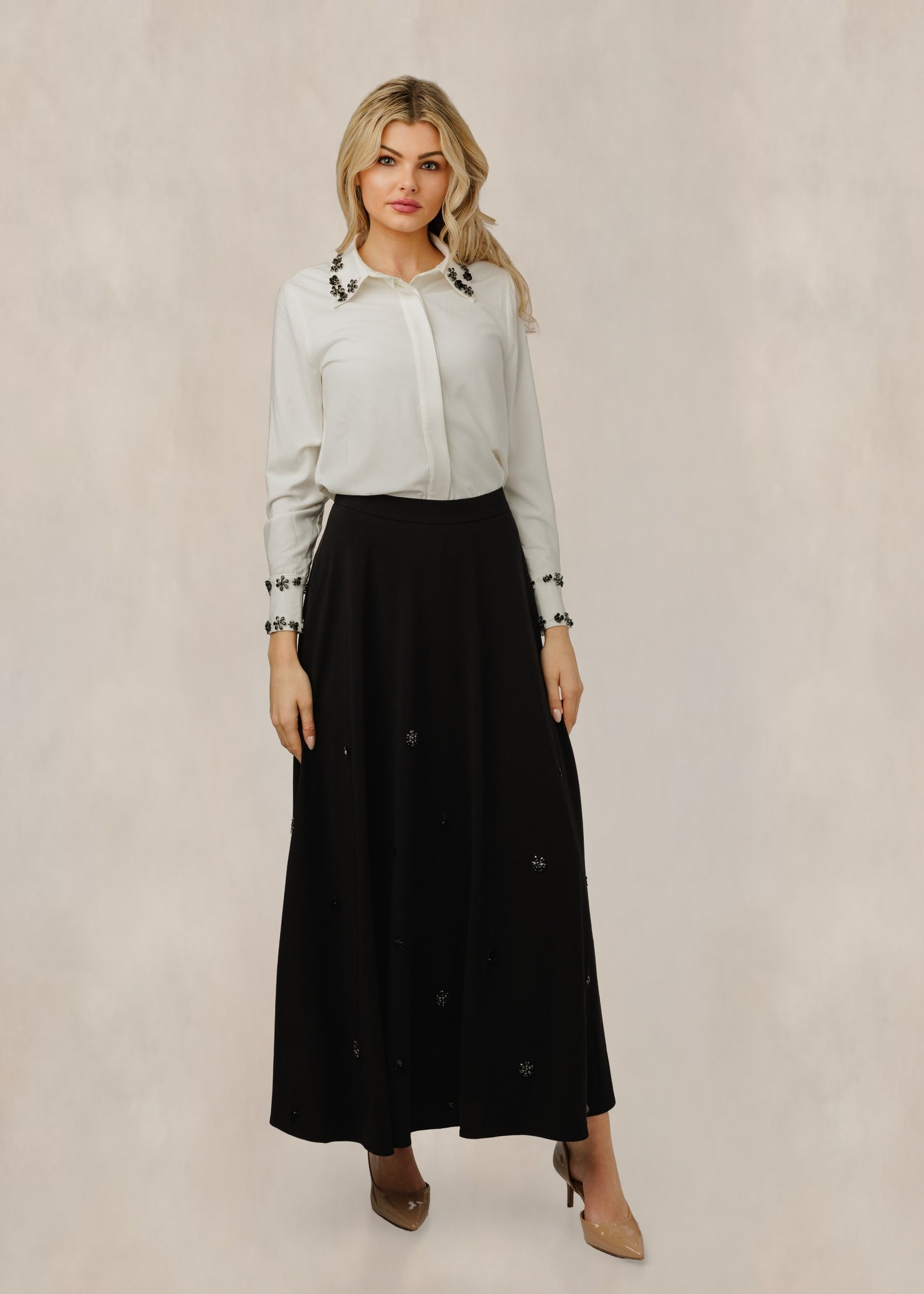 Button Down Blouse With Black Floral Collar And Sleeve Trim
