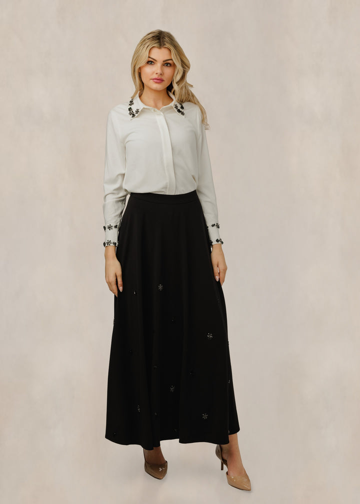 Button Down Blouse With Black Floral Collar And Sleeve Trim