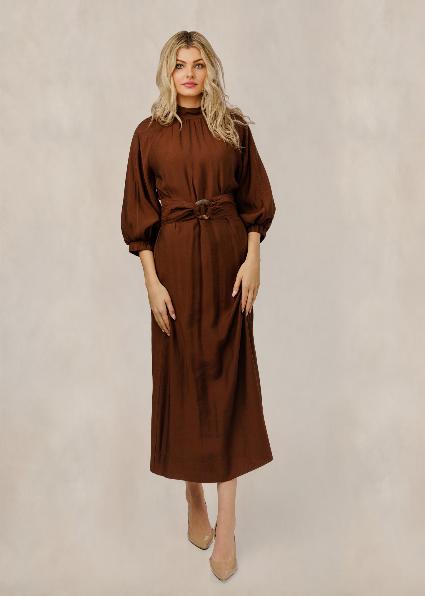 Silk Dress W/ Belt - Brown