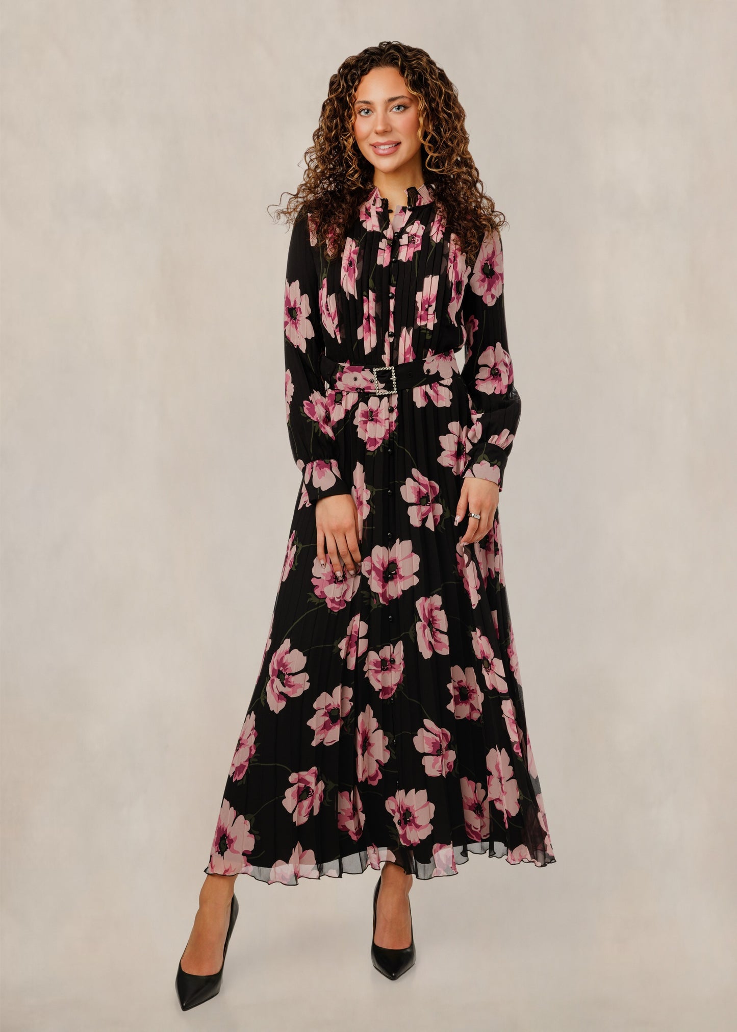 Pink Floral Printed Dress With Rhinestone Belt