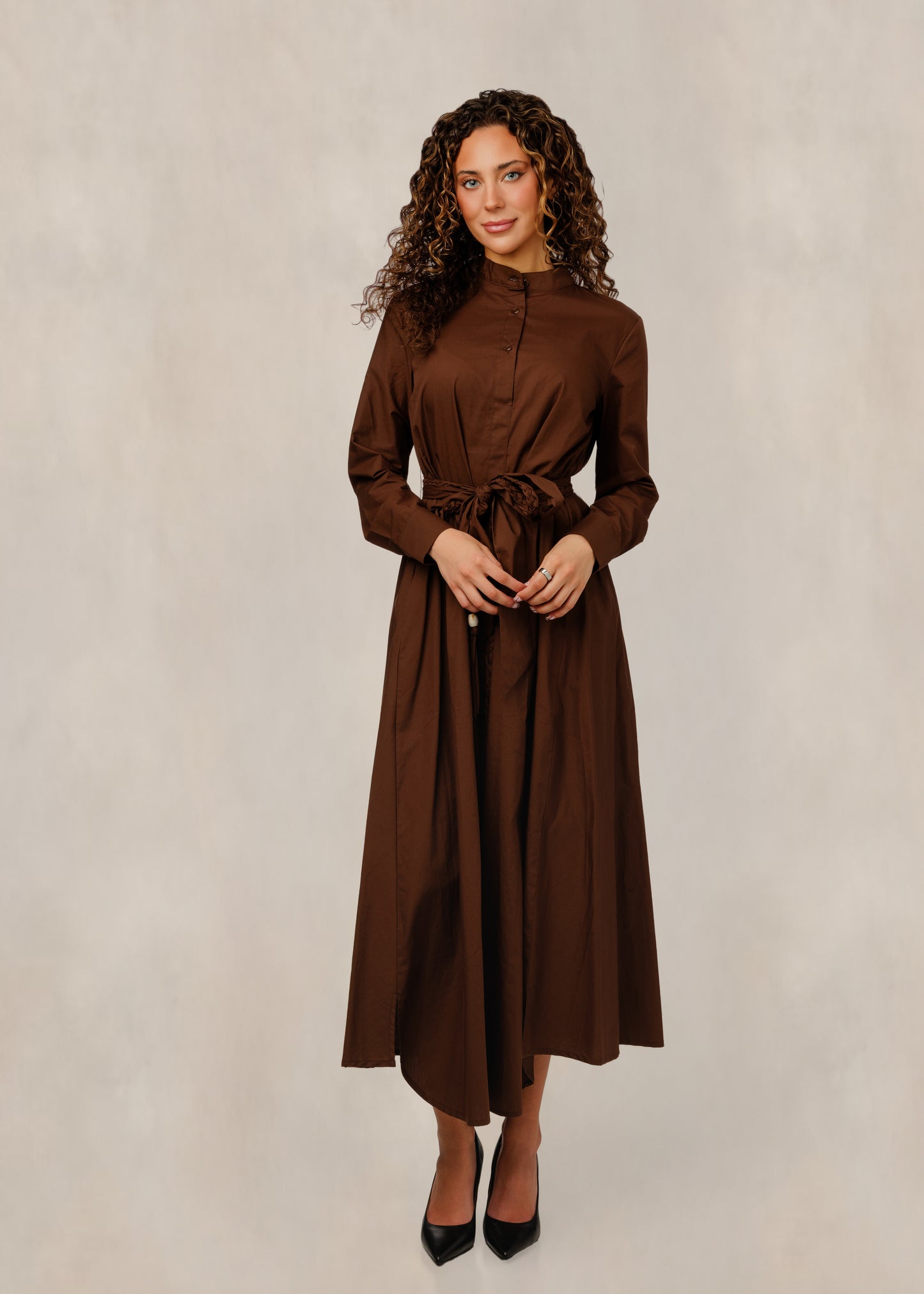 Button Down Dress With Belt - Brown