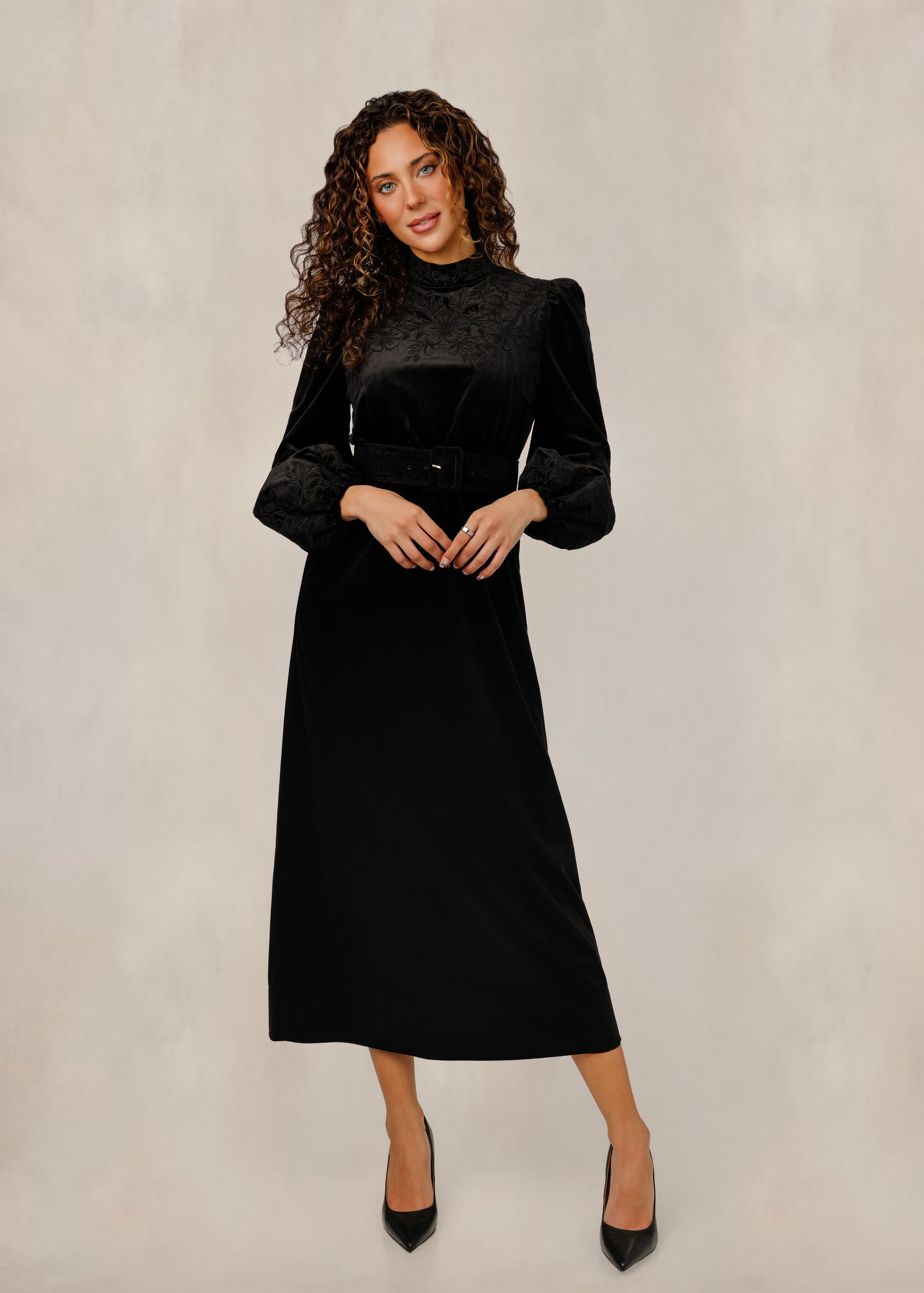 Black Suede Dress With Floral Embroidery And Belt