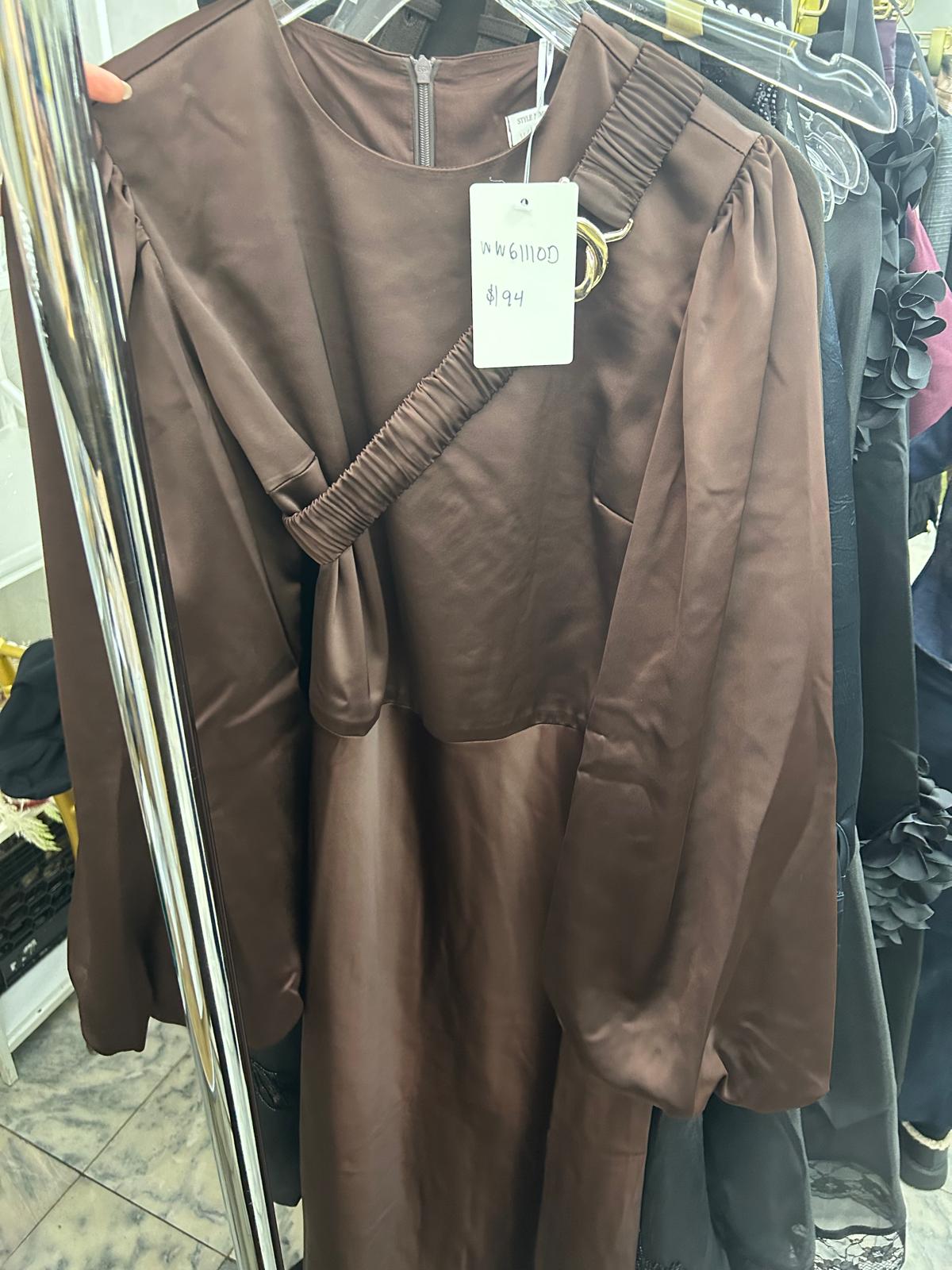 Silk Dress With Belt - Brown - WW61110D-A