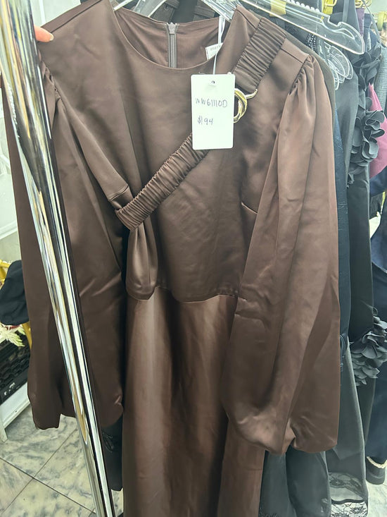 Silk Dress With Belt - Brown - WW61110D-A