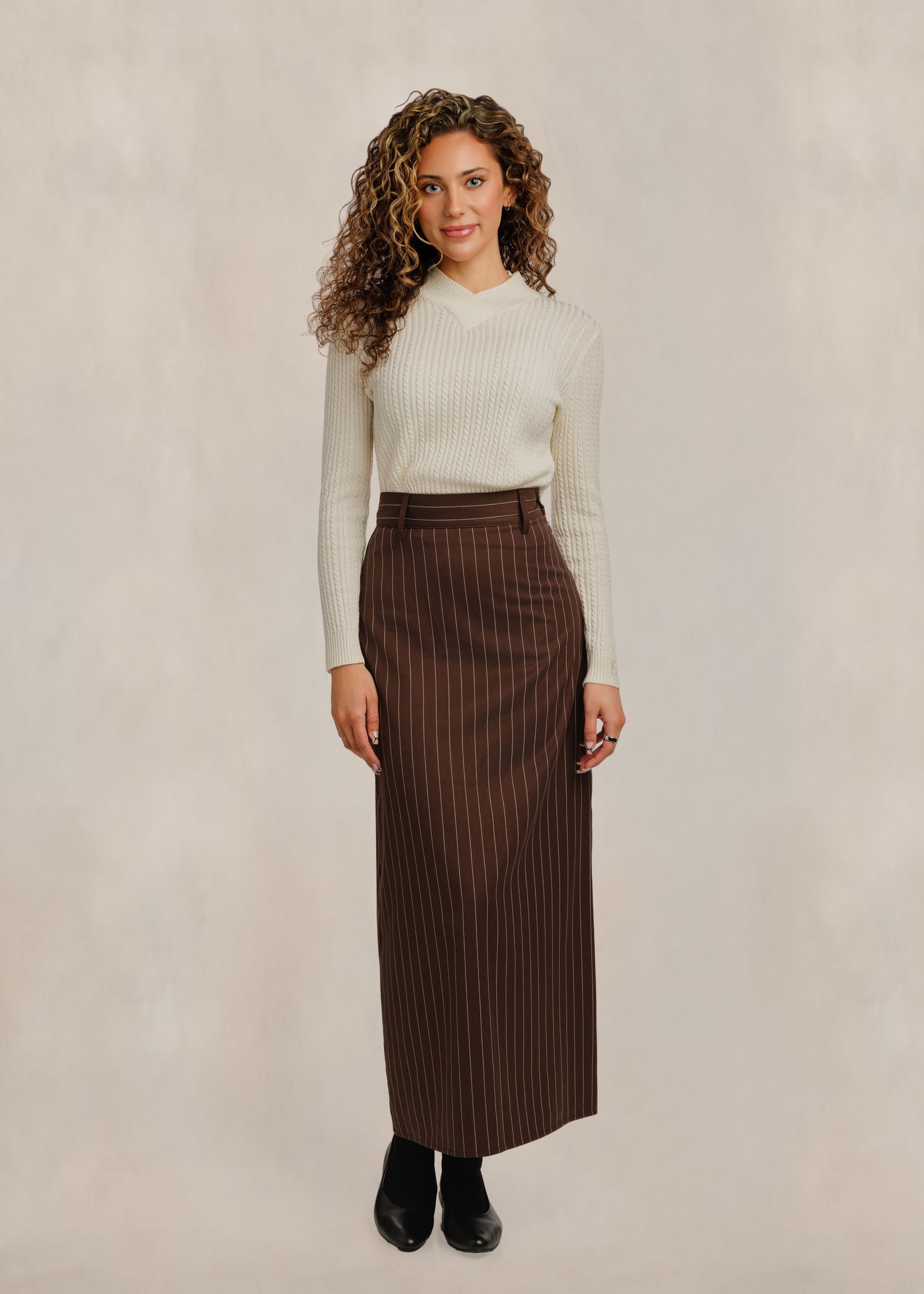 Brown Pinstriped Column Skirt