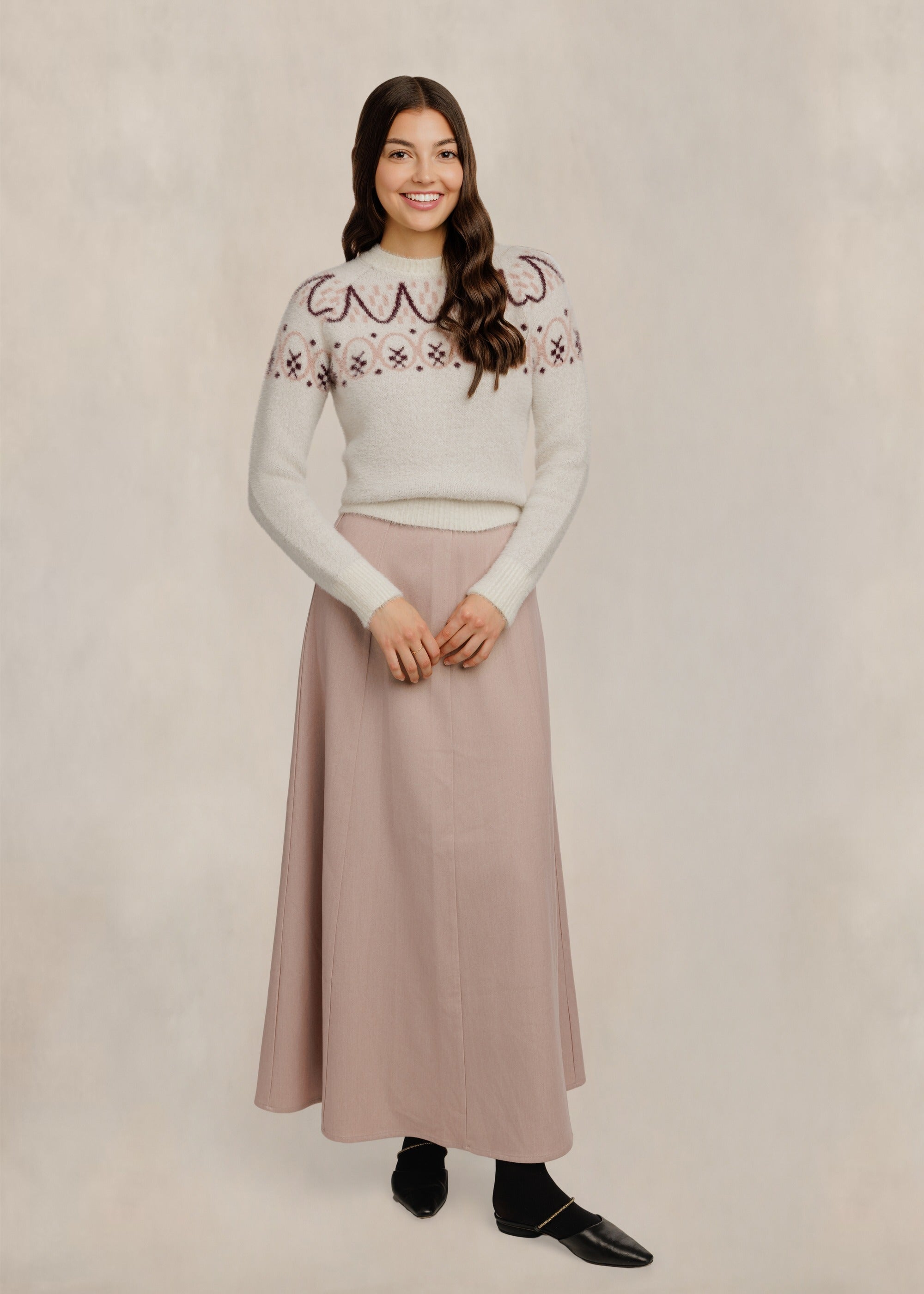 Patterned Fuzzy Sweater - Ivory