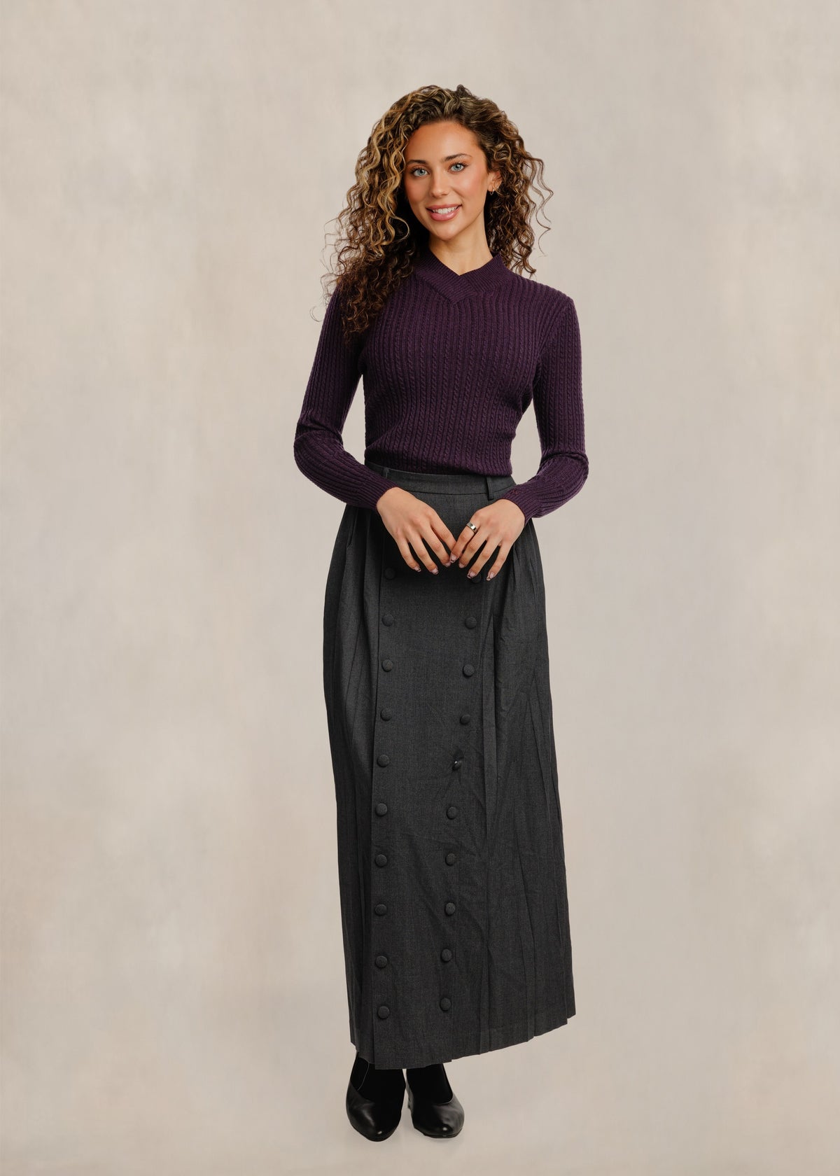 Overlap V-Neck Cable Knit Top - Plum