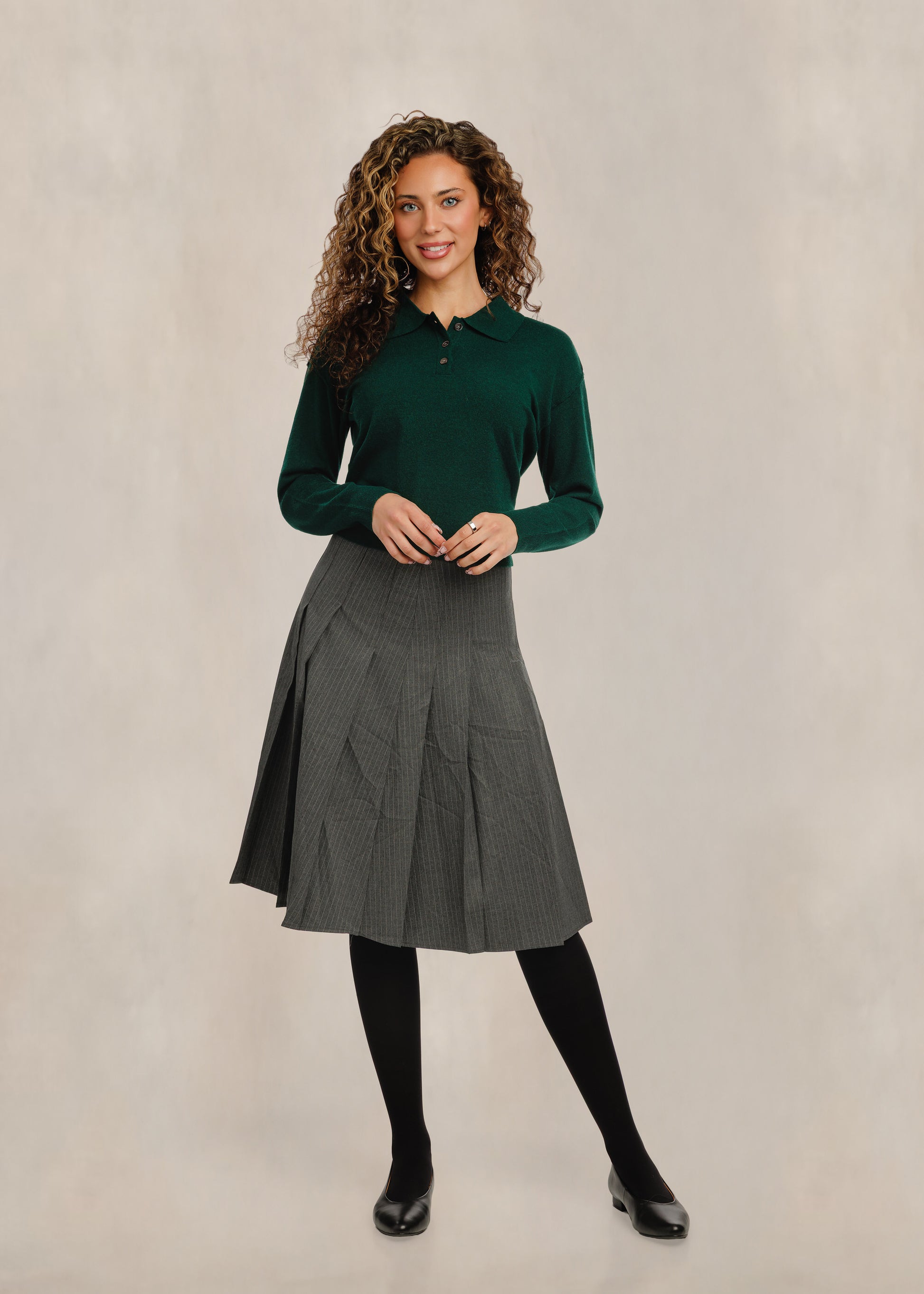 Pinstripe Pleated Knee-Lengths Skirt - Grey