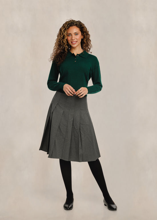 Pinstripe Pleated Knee-Lengths Skirt - Grey