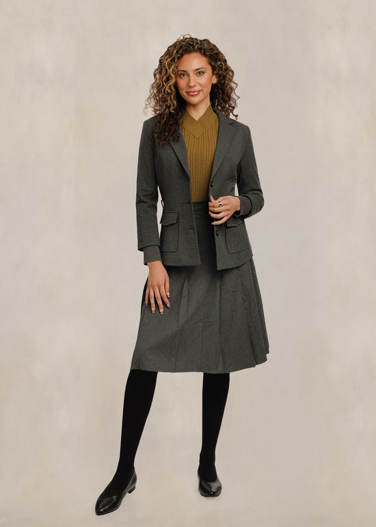 Pinstripe Pleated Knee-Lengths Skirt - Grey