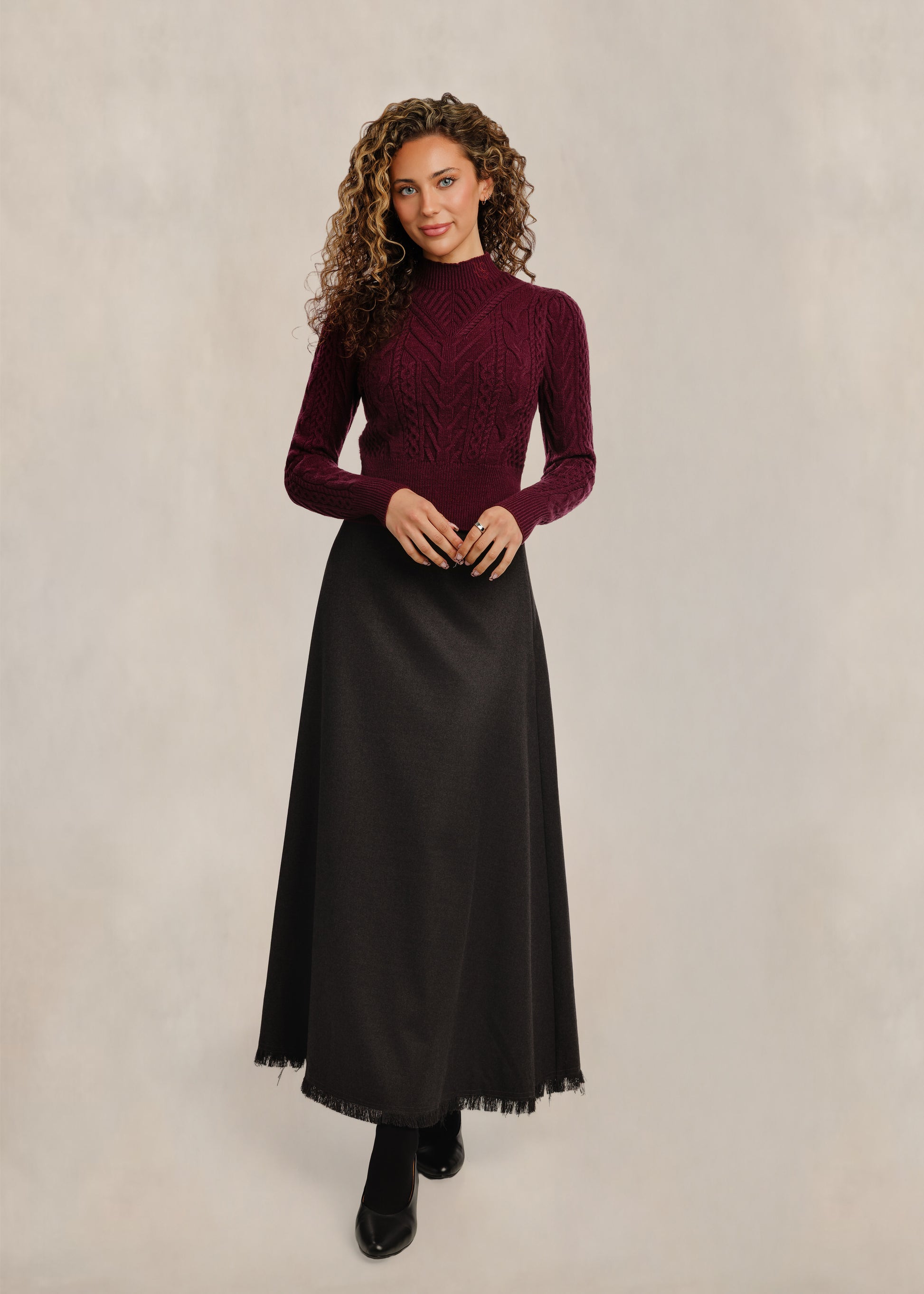 Cable Knit Mock Neck - Burgundy