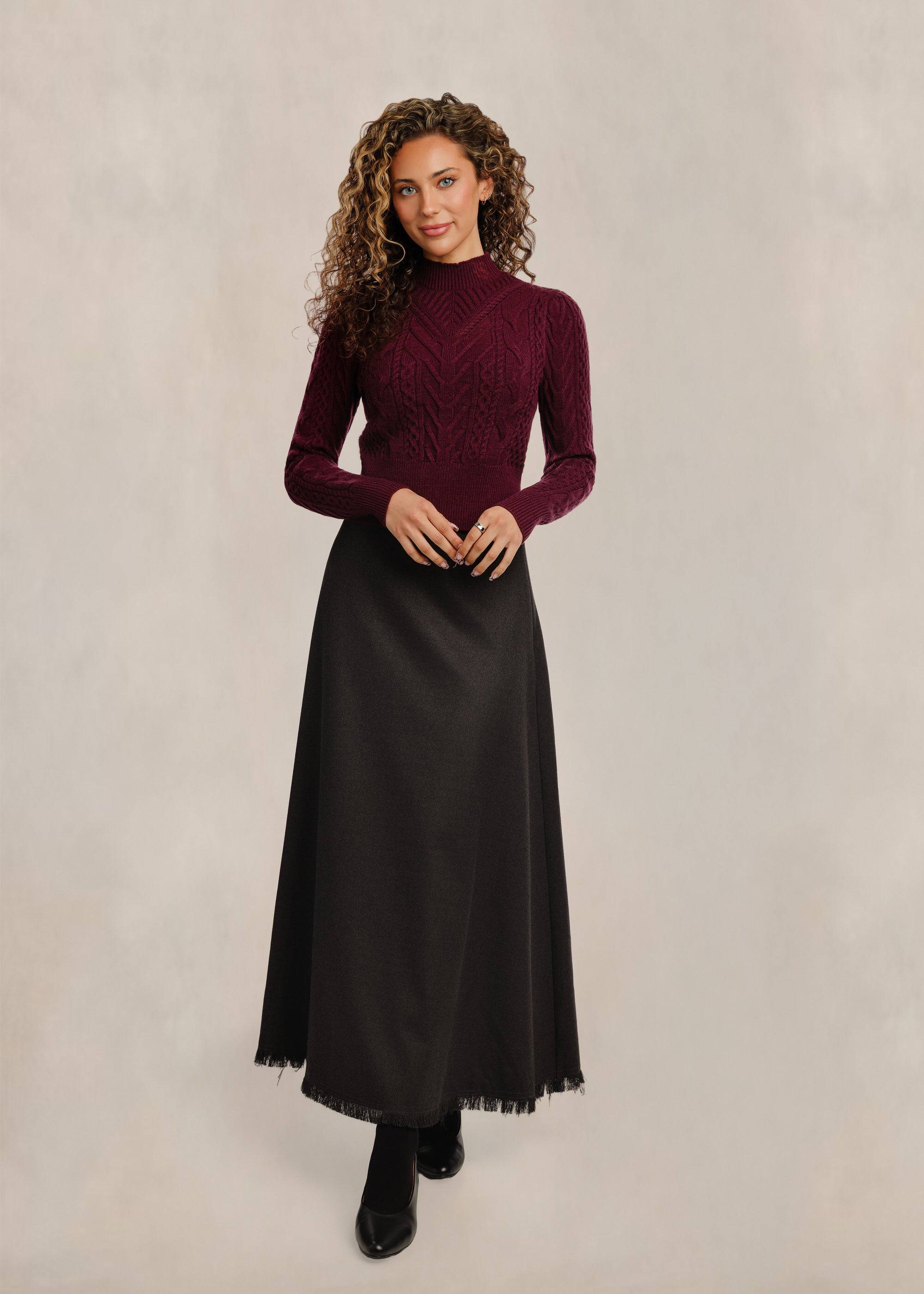 Cable Knit Mock Neck - Burgundy
