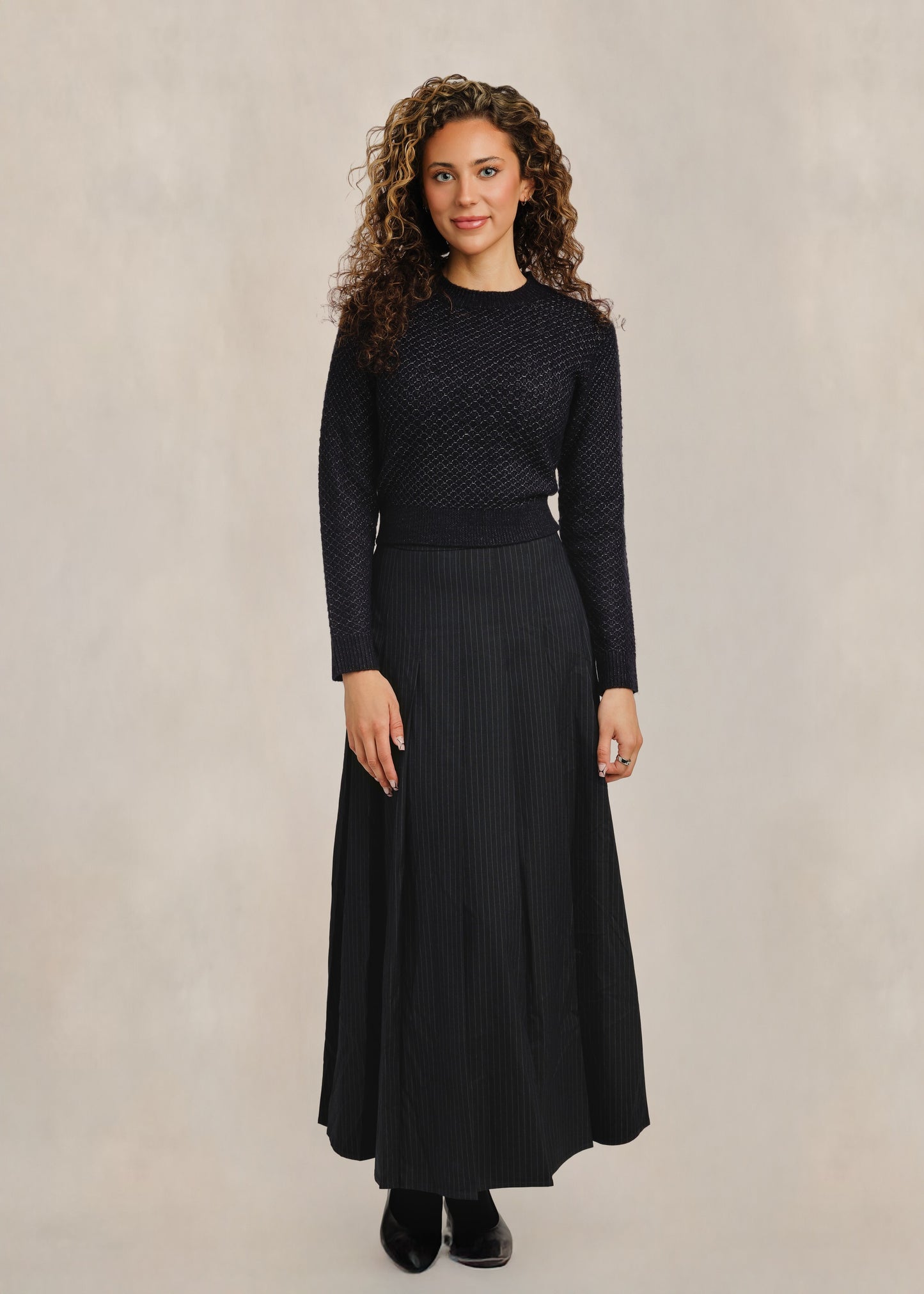 Pinstripe Pleated Skirt - Black