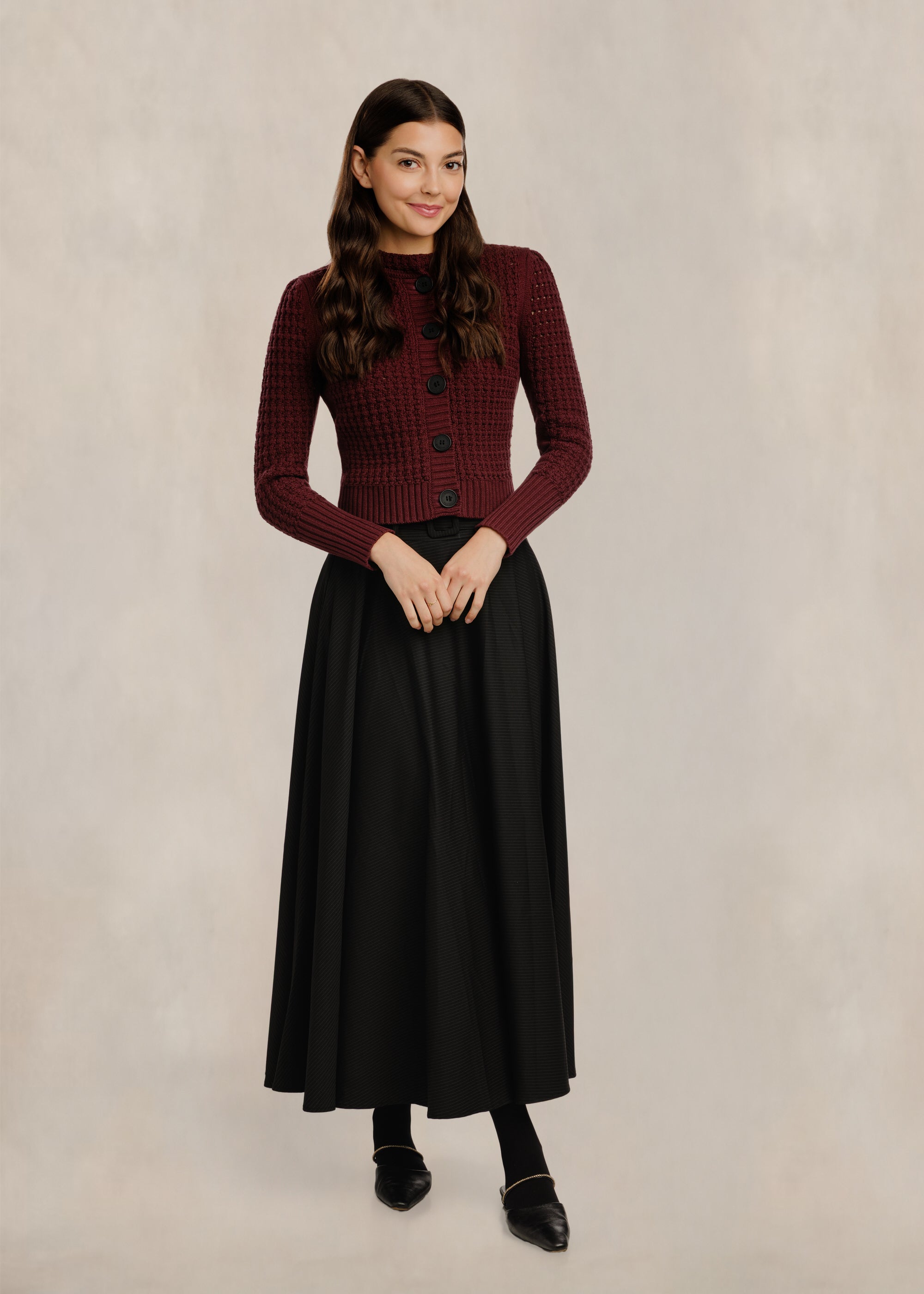 Pinstripe Circle Skirt W/ Wide Belt - Black