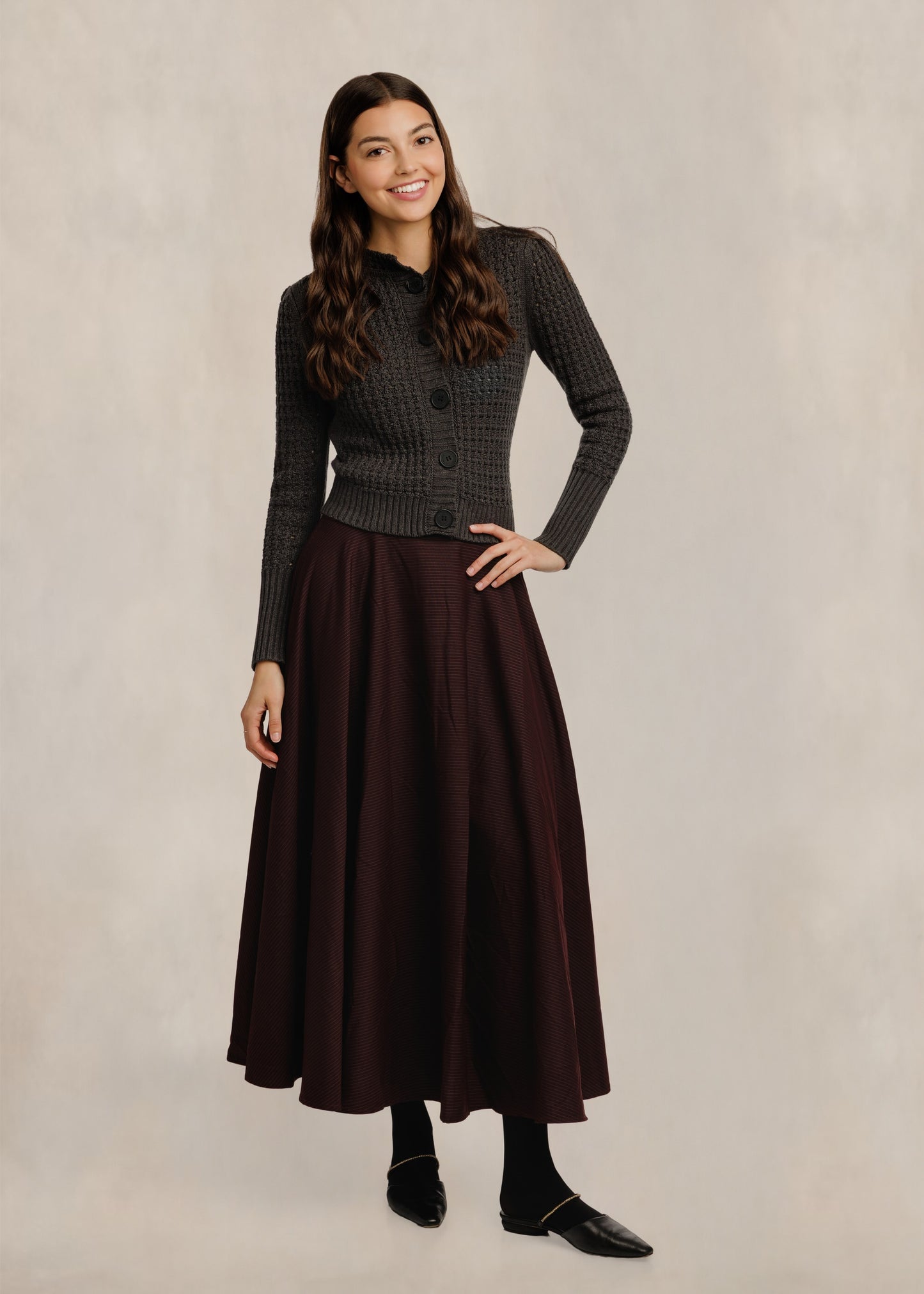 Pinstripe Circle Skirt W/ Wide Belt - Mulberry