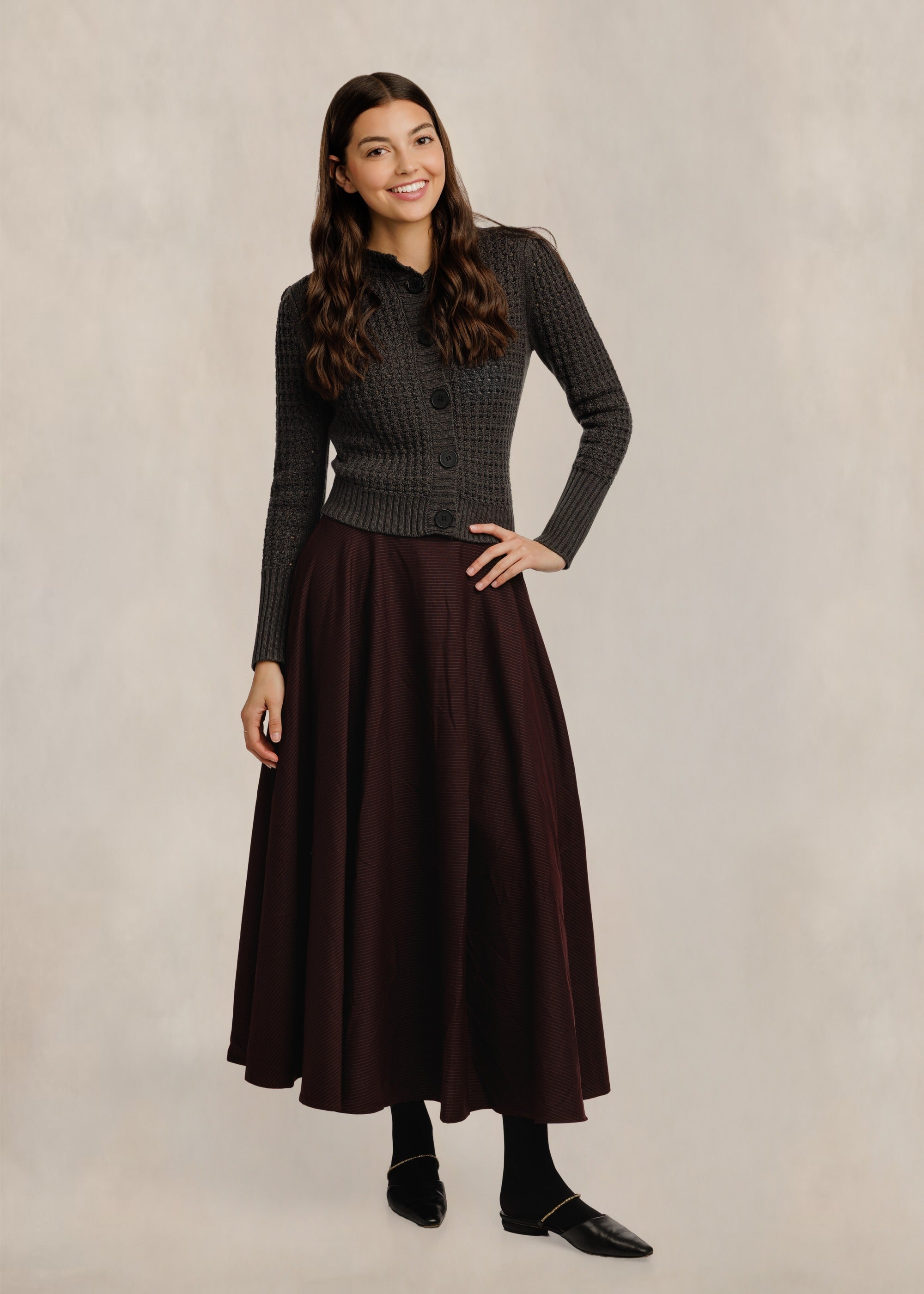 Pinstripe Circle Skirt W/ Wide Belt - Mulberry