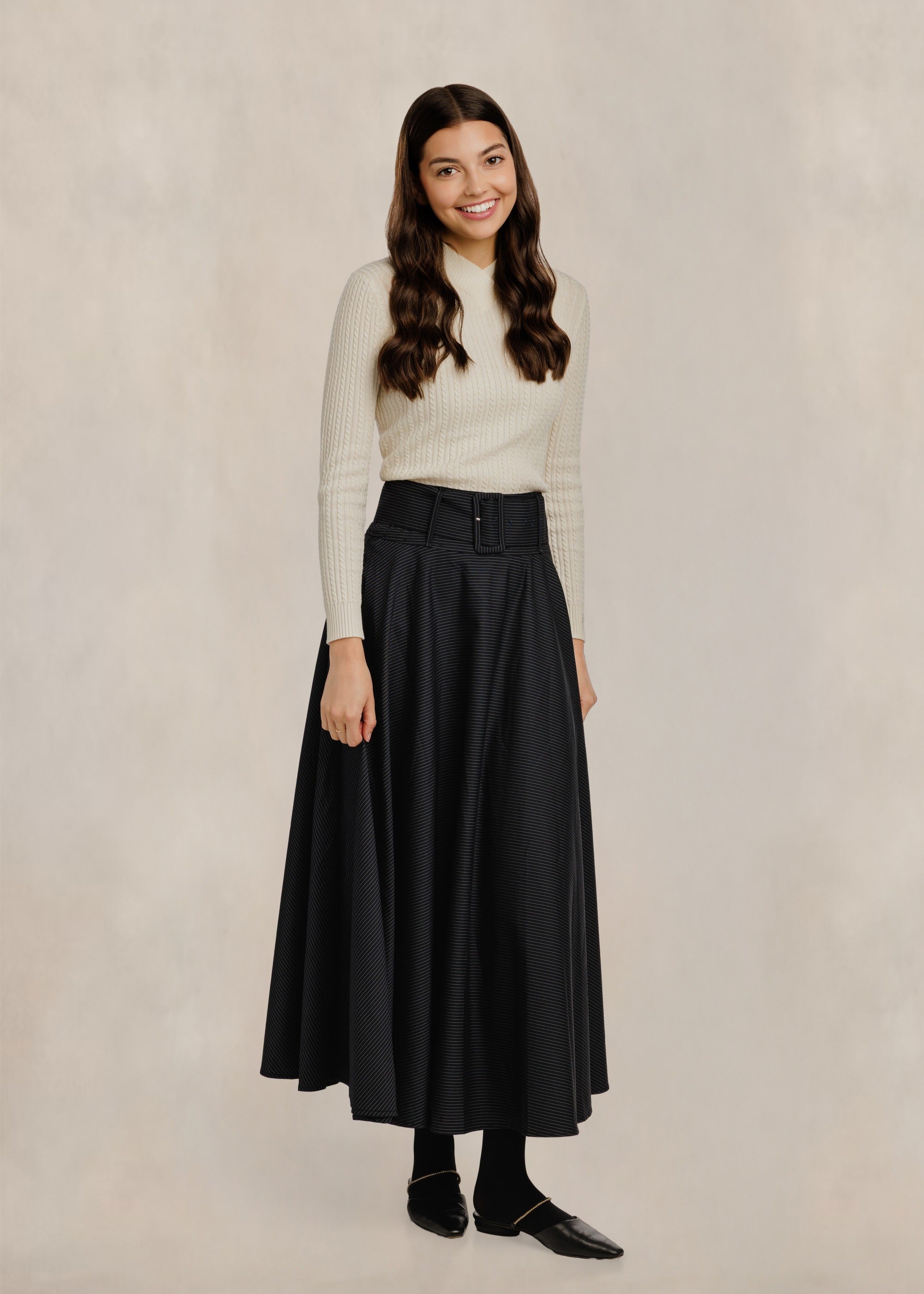 Pinstripe Circle Skirt W/ Wide Belt - Navy