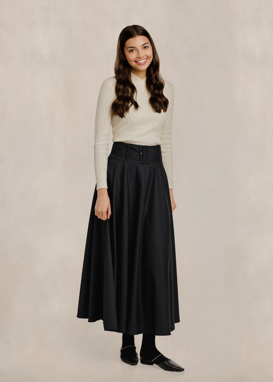 Pinstripe Circle Skirt W/ Wide Belt - Navy