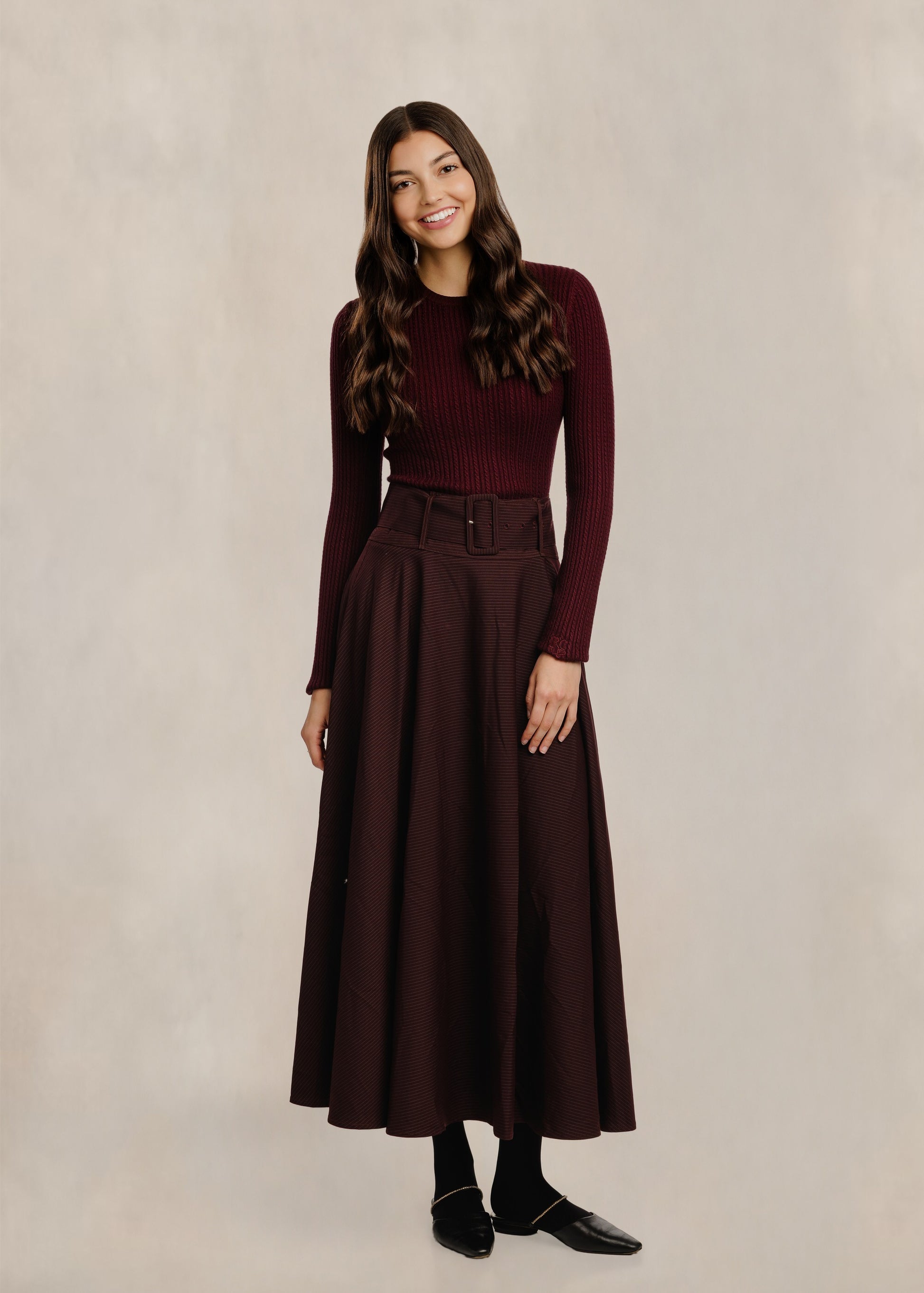 Pinstripe Circle Skirt W/ Wide Belt - Mulberry