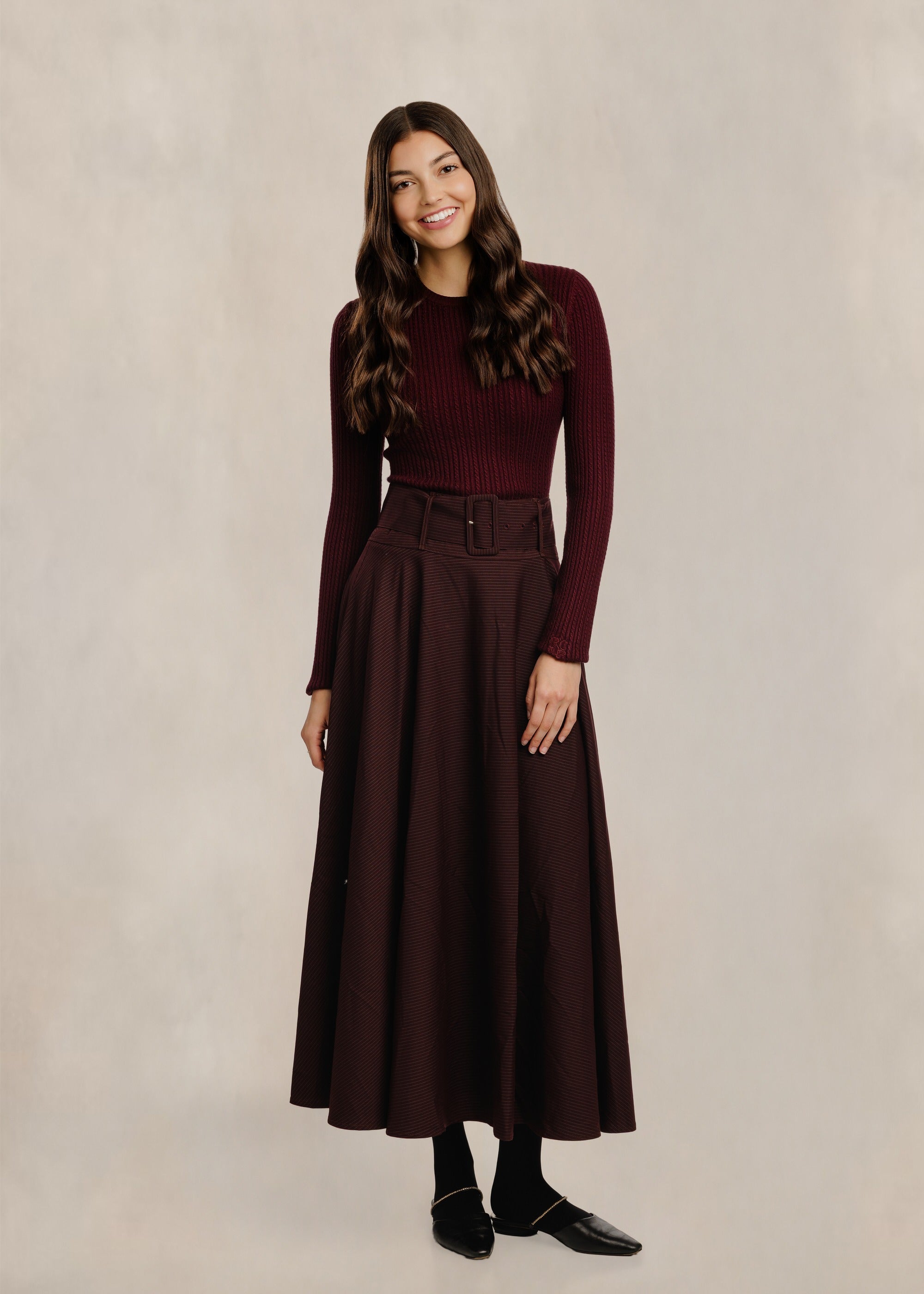 Pinstripe Circle Skirt W/ Wide Belt - Mulberry