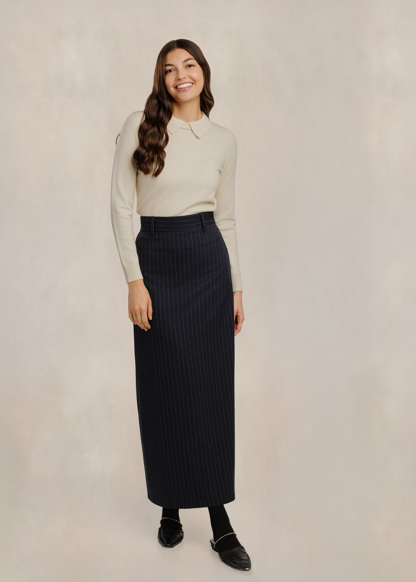 Pinstriped Column Skirt - Navy