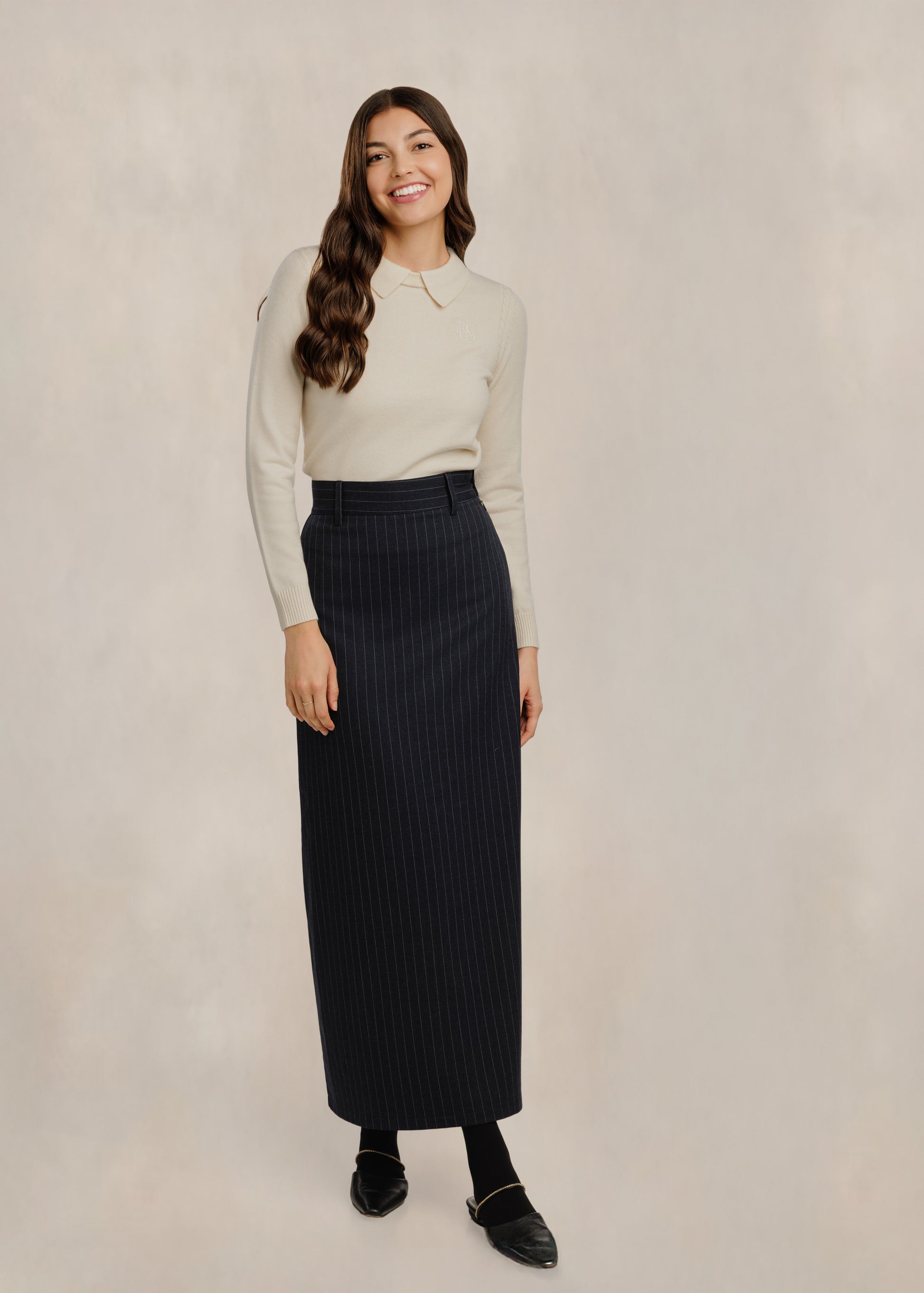 Pinstriped Column Skirt - Navy
